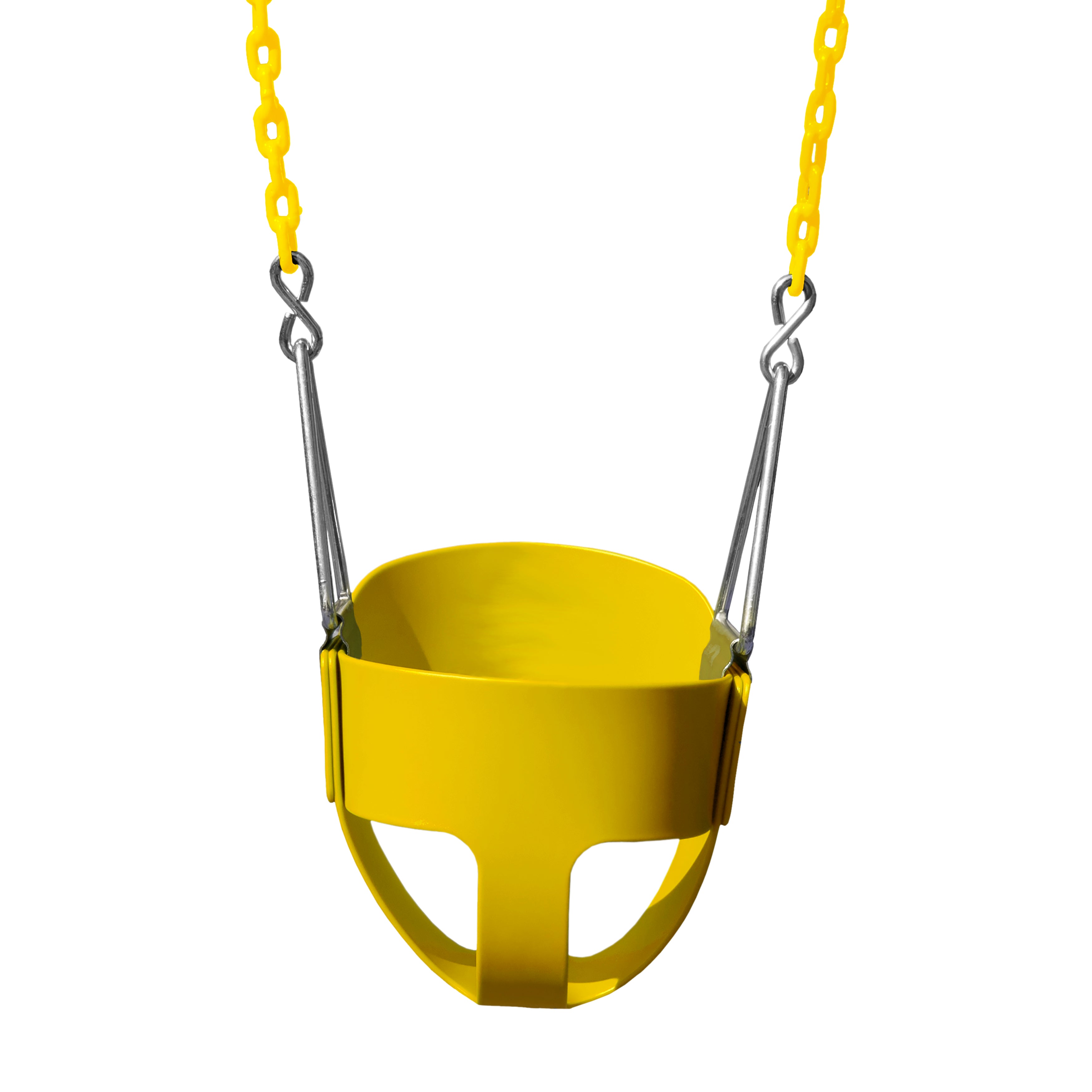 Yellow toddler bucket swing seat with coated chains and galvanized hangers, designed for safety and UV resistance.