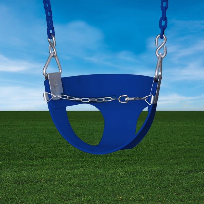 Toddler Half Bucket Swing With Chain in blue, hanging outdoors with clear sky and green grass background