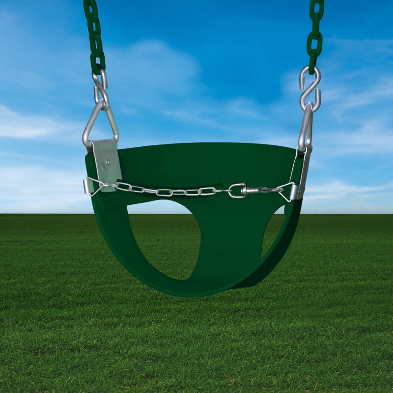 Green toddler half bucket swing with plastisol-coated safety chains hanging outdoors against blue sky and grass