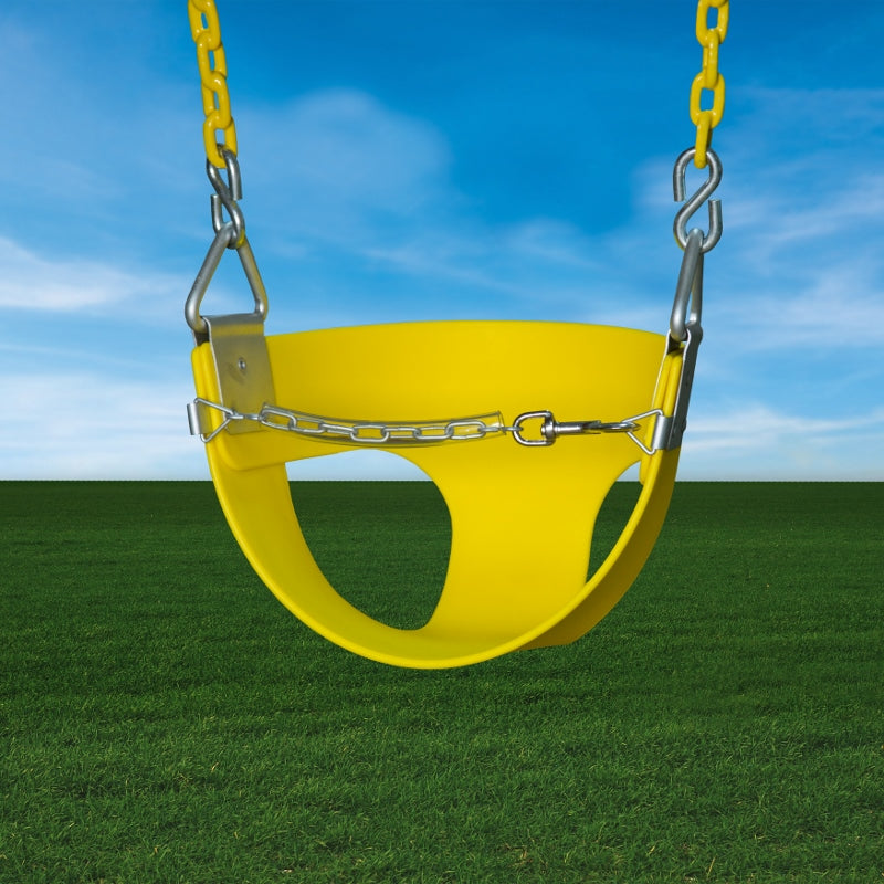 Bright yellow toddler half bucket swing with plastisol-coated safety chains against blue sky and green grass.