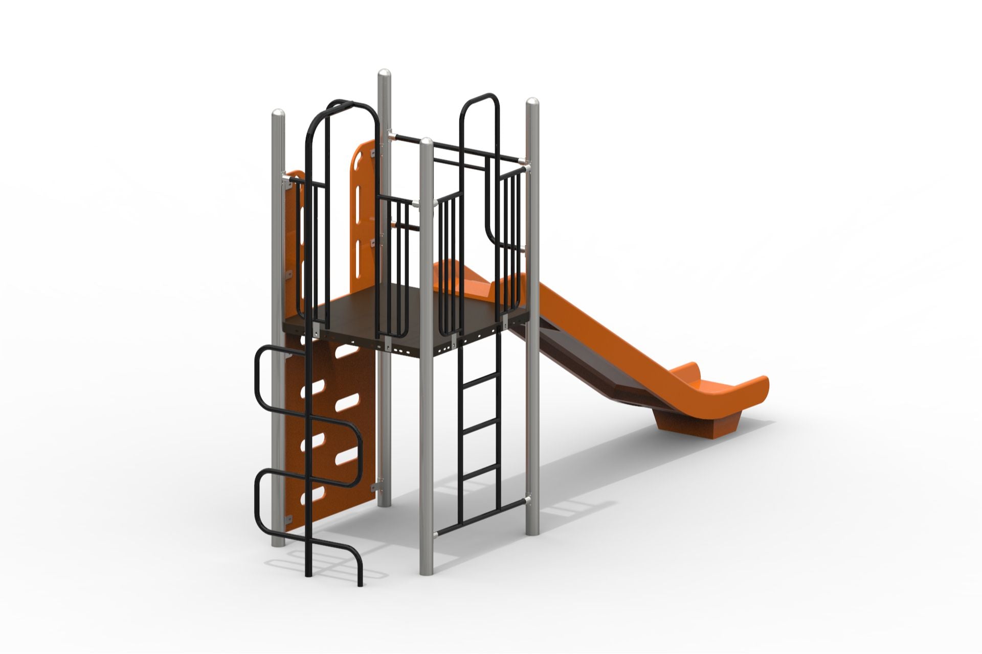 Playground climber with orange slide, black climbing bars, platform supported by silver posts, designed for active play and skill development