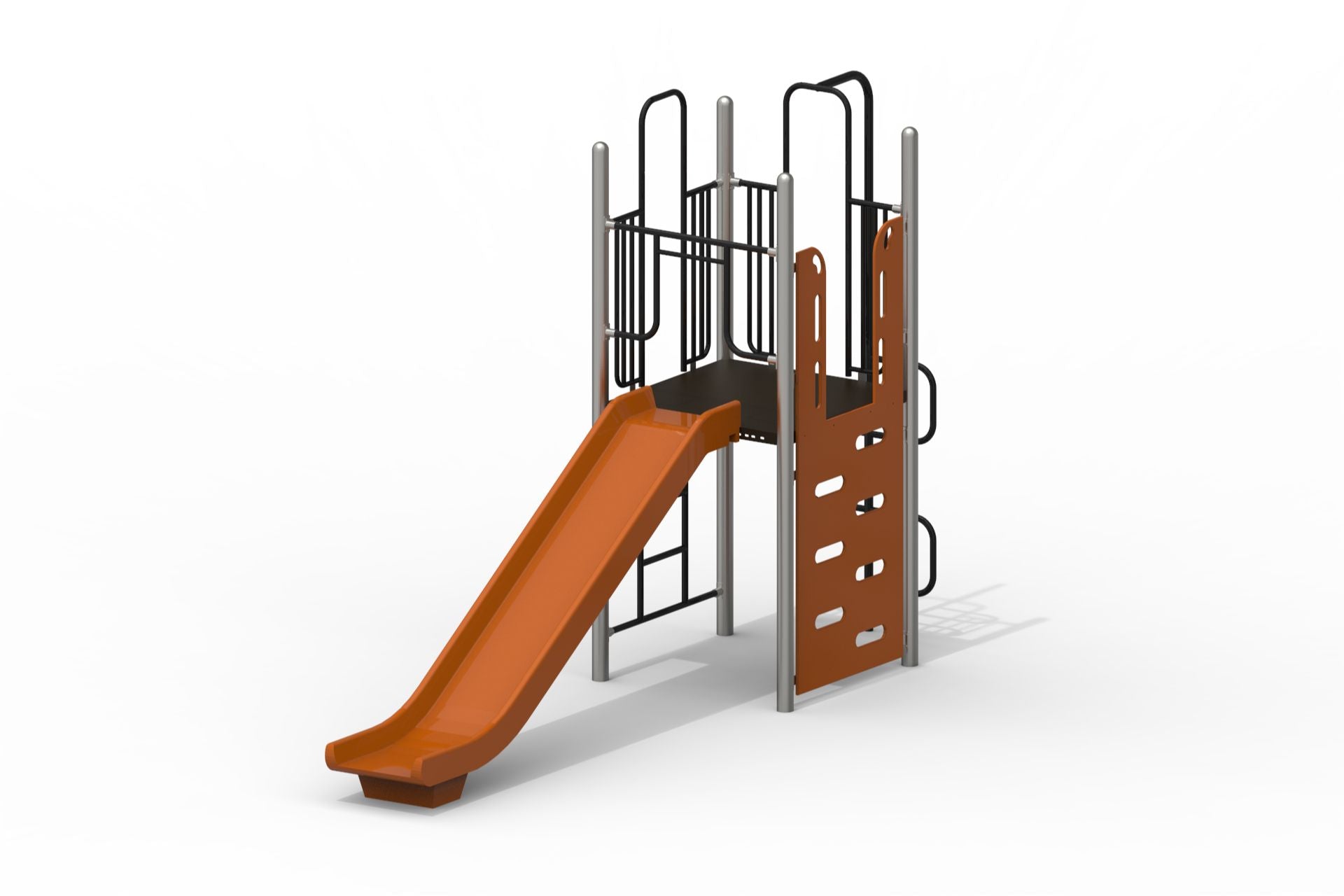 Compact playground climber with orange slide, climbing wall, and black safety rails on metal frame