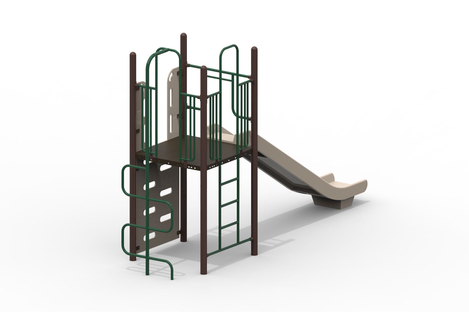 Outdoor playground climber with green metal bars, natural-toned slide, climbing wall, and ladder for active play and skill development
