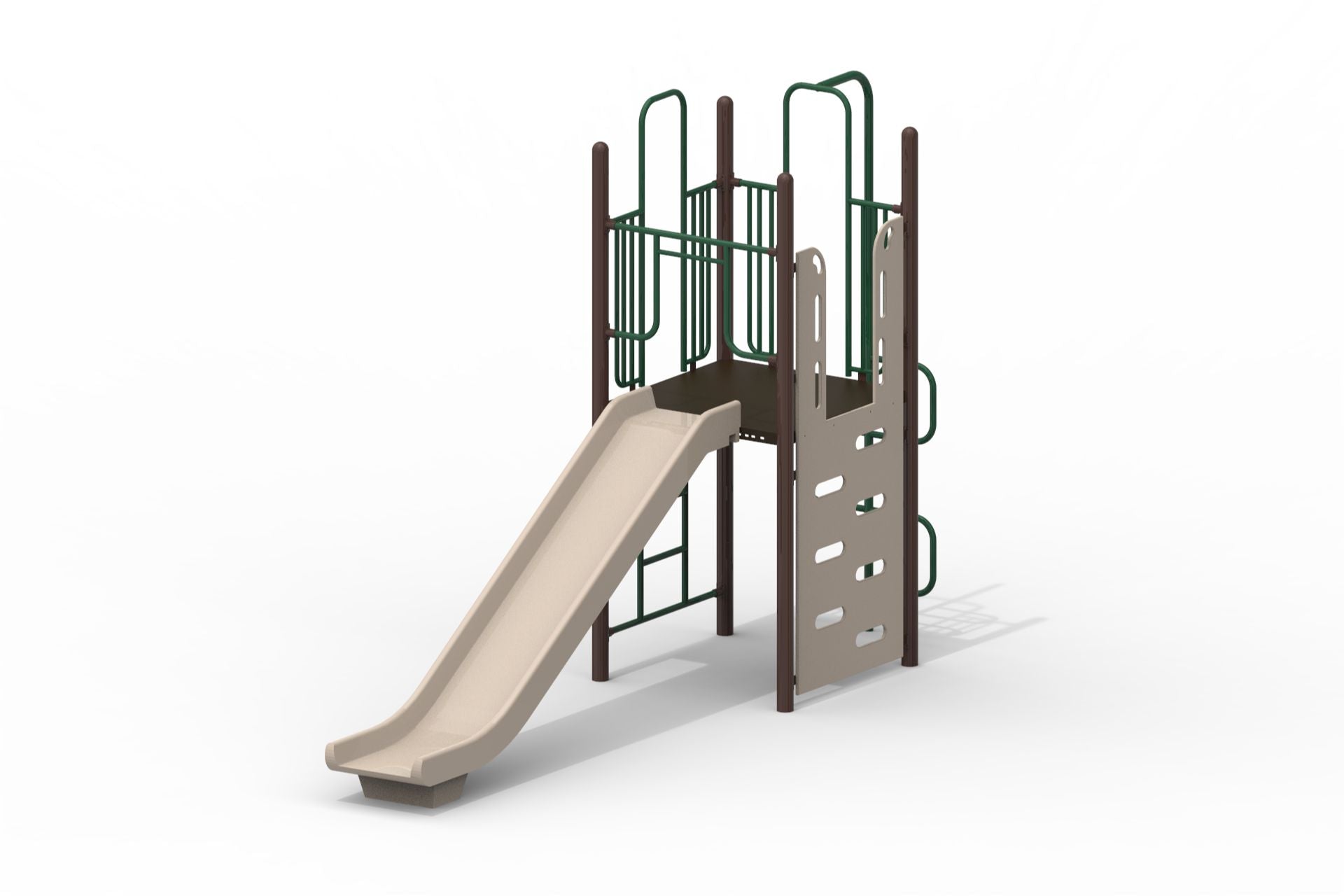 Tortugas WillyGoat Playground Climber with beige slide, green metal railings, and brown support posts on white background