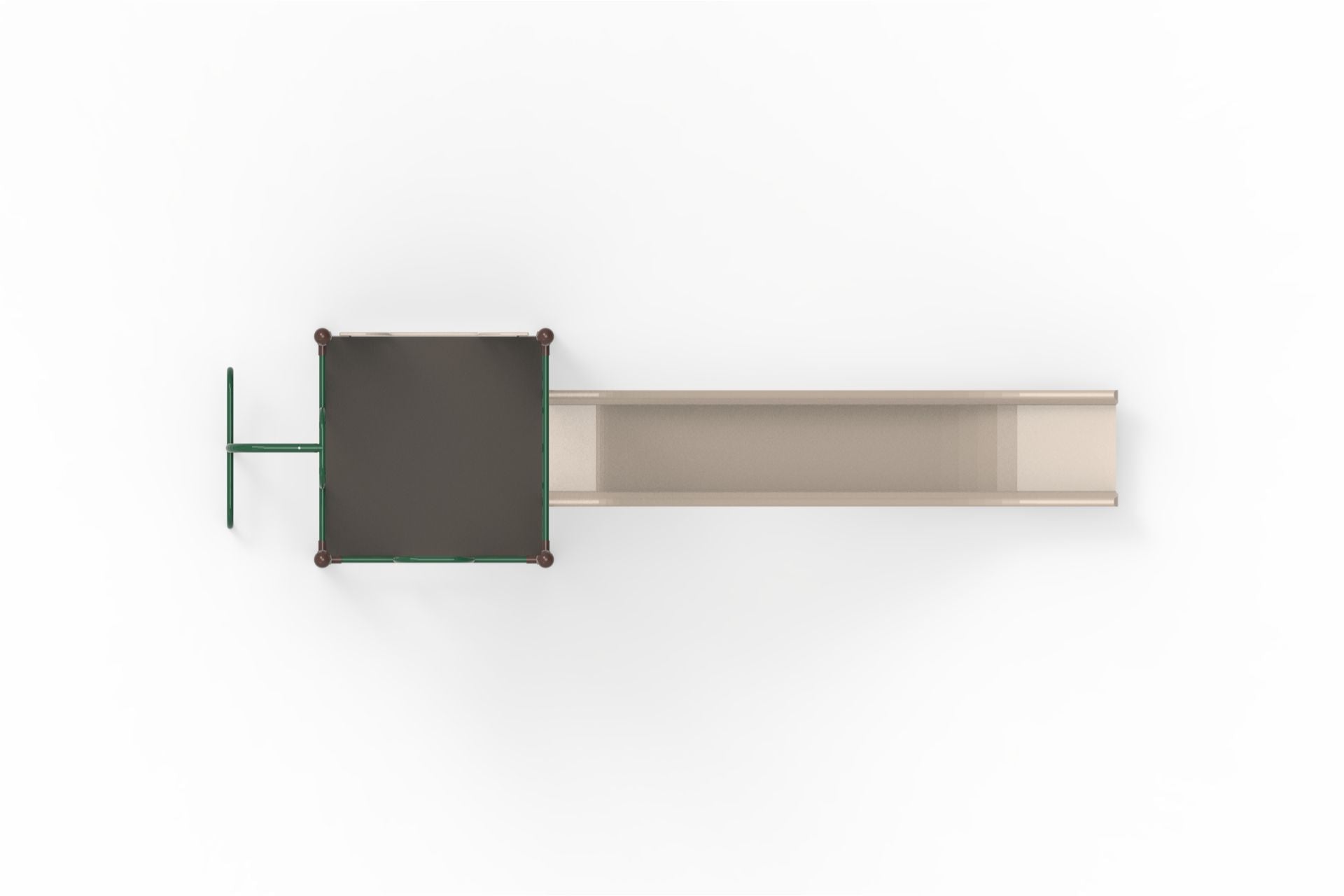 Overhead view of a playground climber with a square platform, green metal frame, and long beige slide