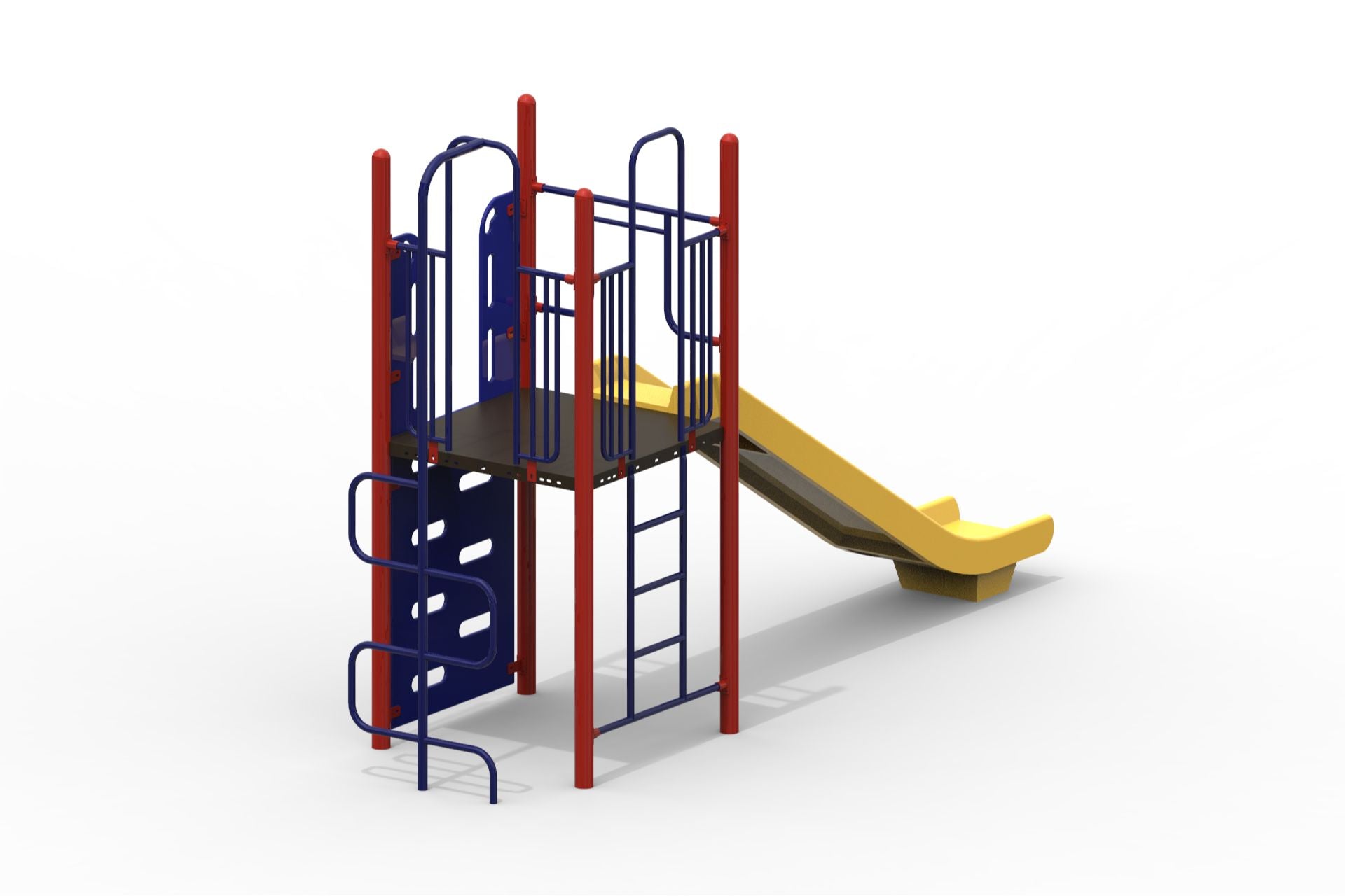 Compact playground climber with red and blue metal frame, yellow slide, climbing ladder, and safety-railed platform