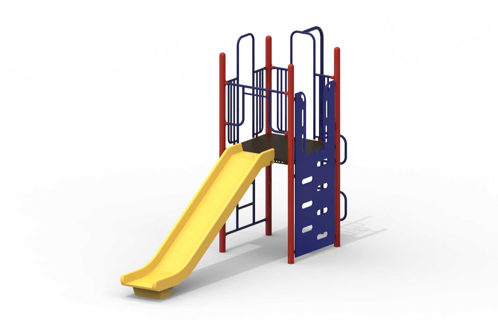 Compact playground climber with yellow slide, red posts, and blue climbing panels and railings