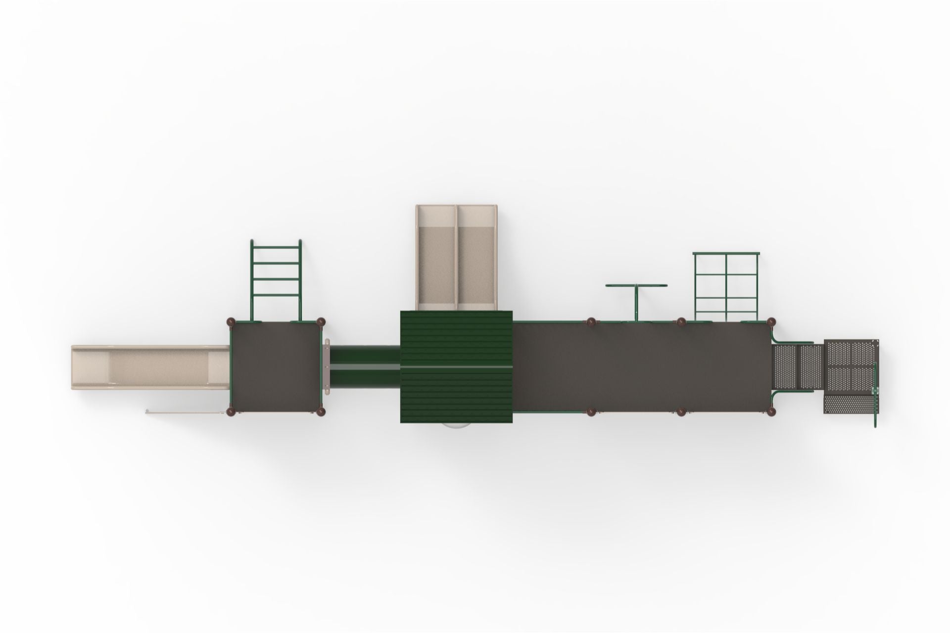 Overhead view of a green and beige modular playground with slides, climbing ladders, and interconnected platforms.
