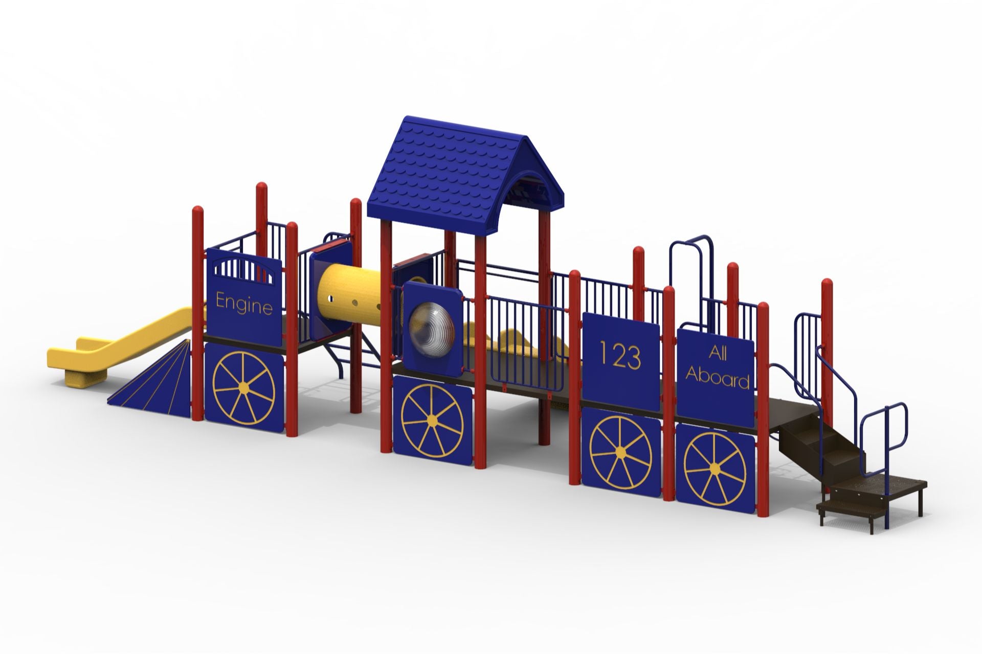 Colorful modular playground shaped like a train with slide, climbing features, and interactive panels in blue, red, and yellow.