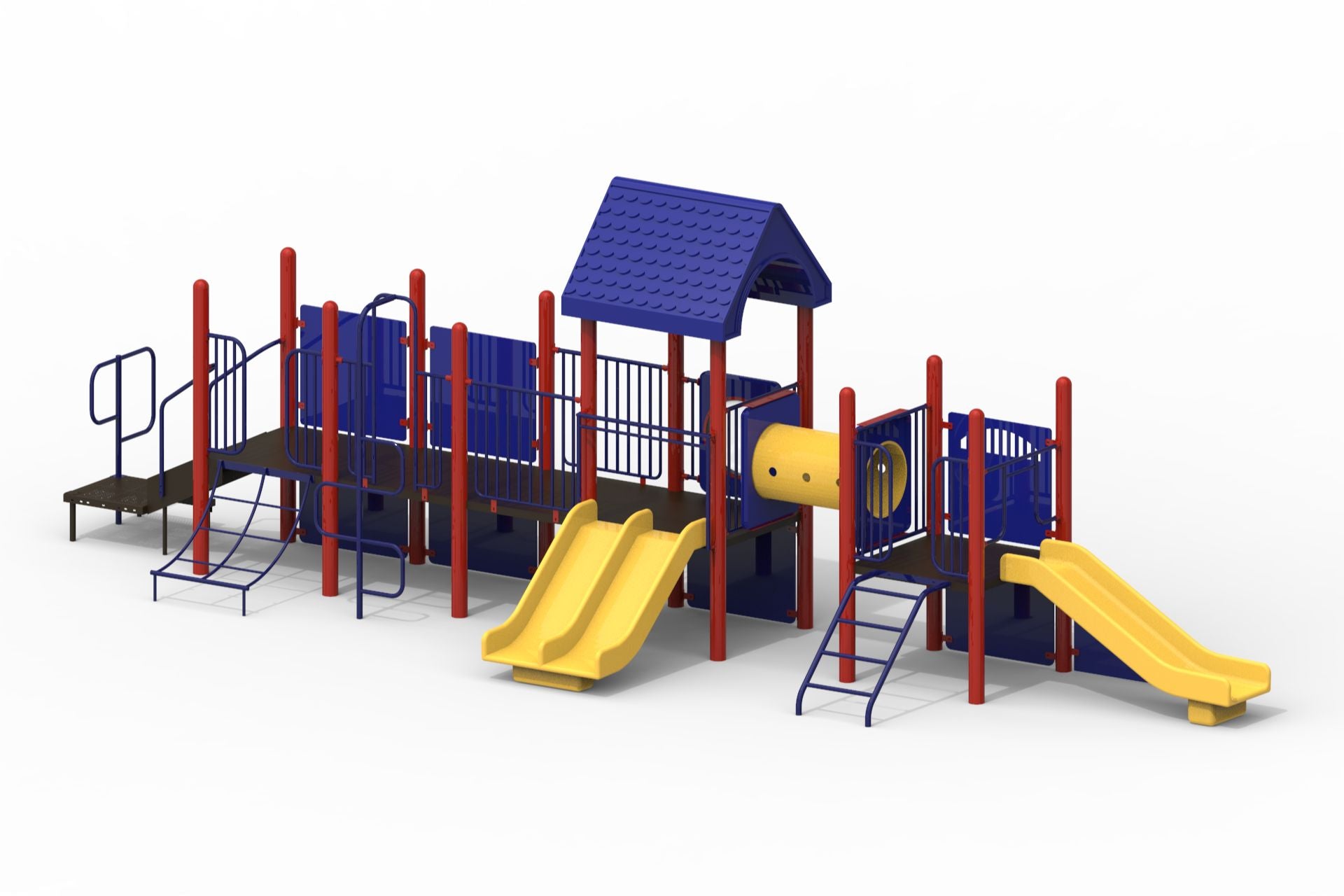 Colorful modular playground with red posts, blue railings, yellow slides, climbing ladders, and a tunnel under a blue roof