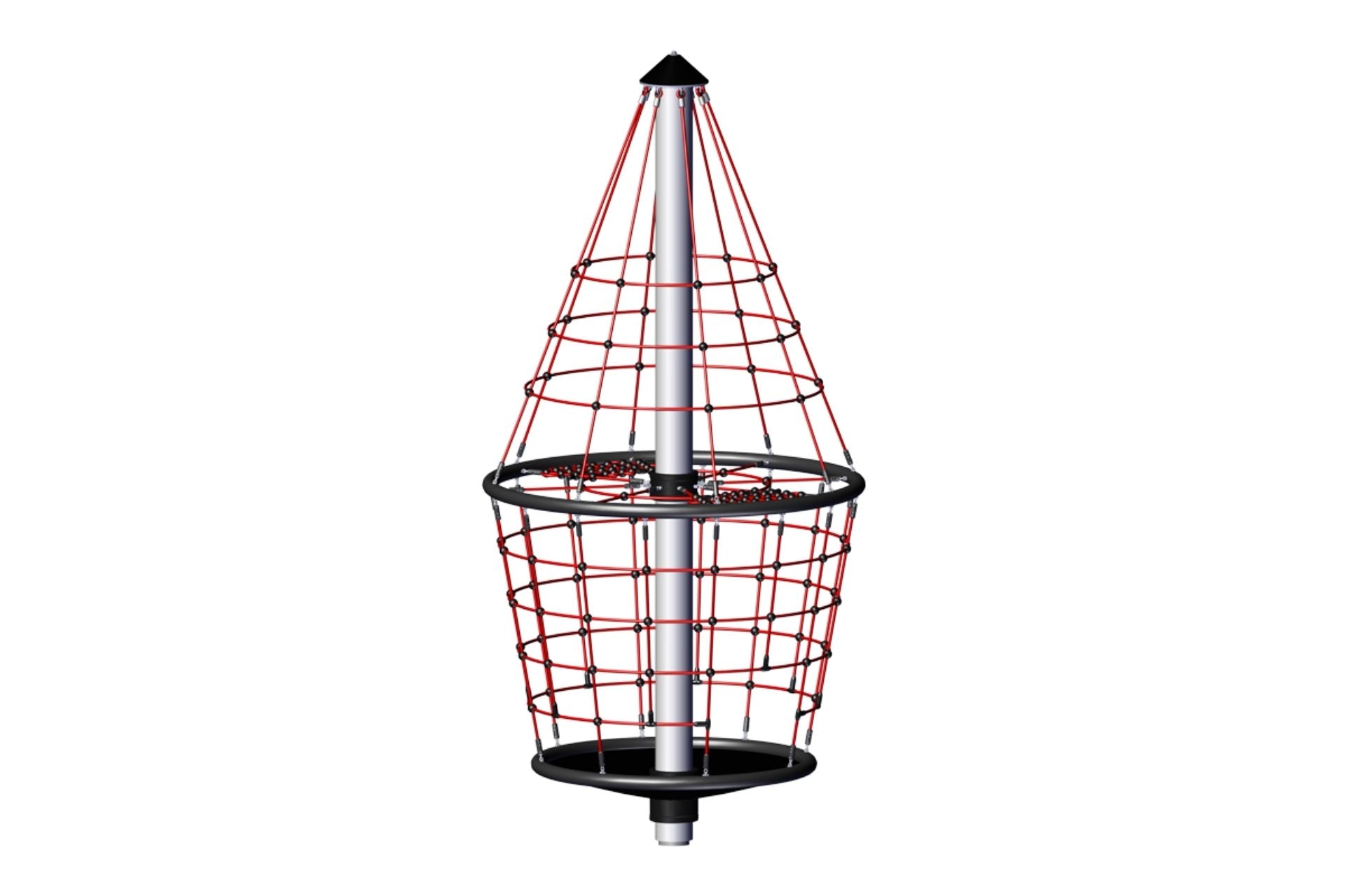 Tower Carousel climbing equipment with red rope netting and black circular frames around a central pole for active play and teamwork