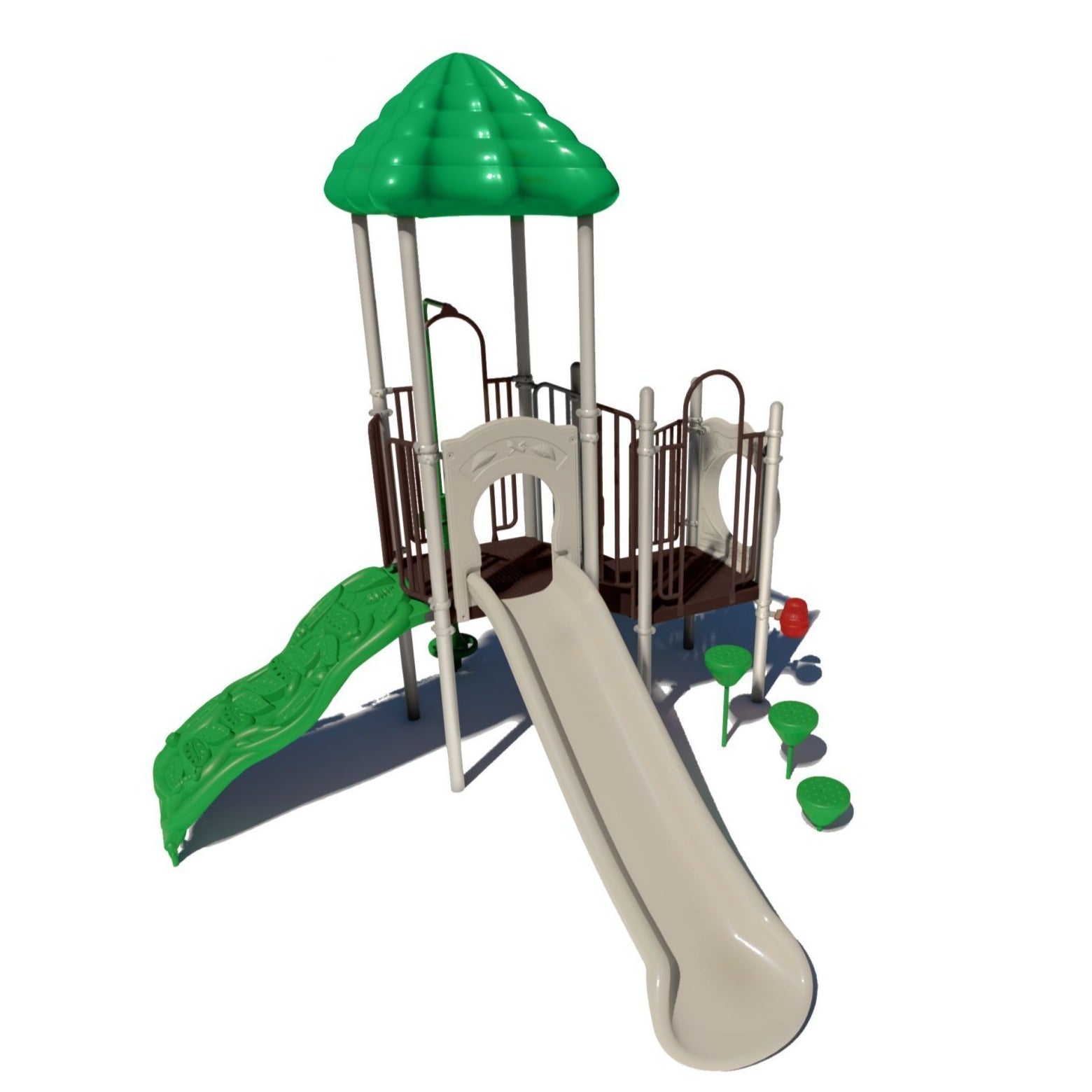 Compact playground with green leaf-patterned climber, beige slide, green stepping pods, and green canopy roof.