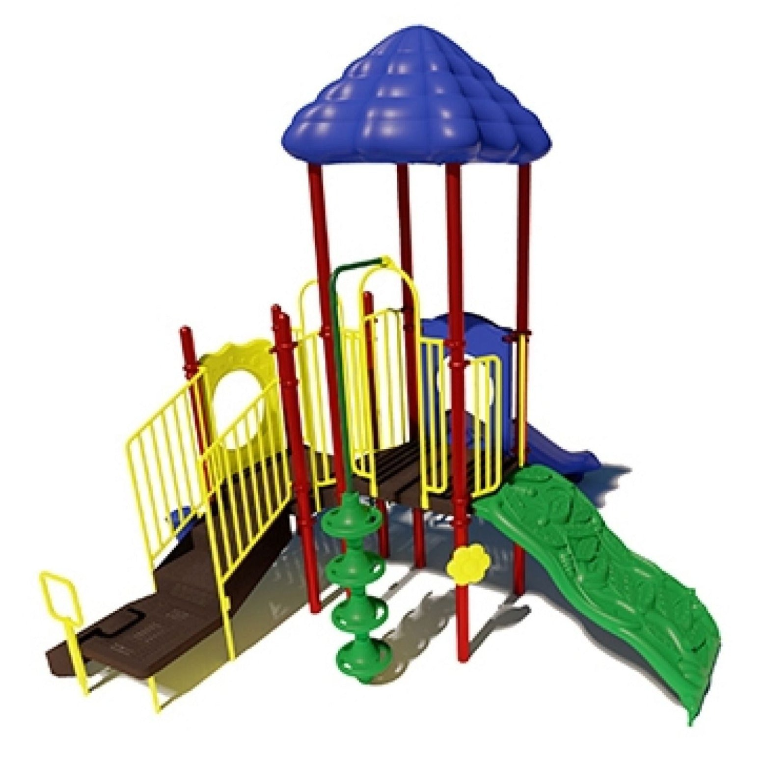 Colorful playground structure with blue roof, green climbing wall, yellow railings, slide, vine climber, and pod steppers