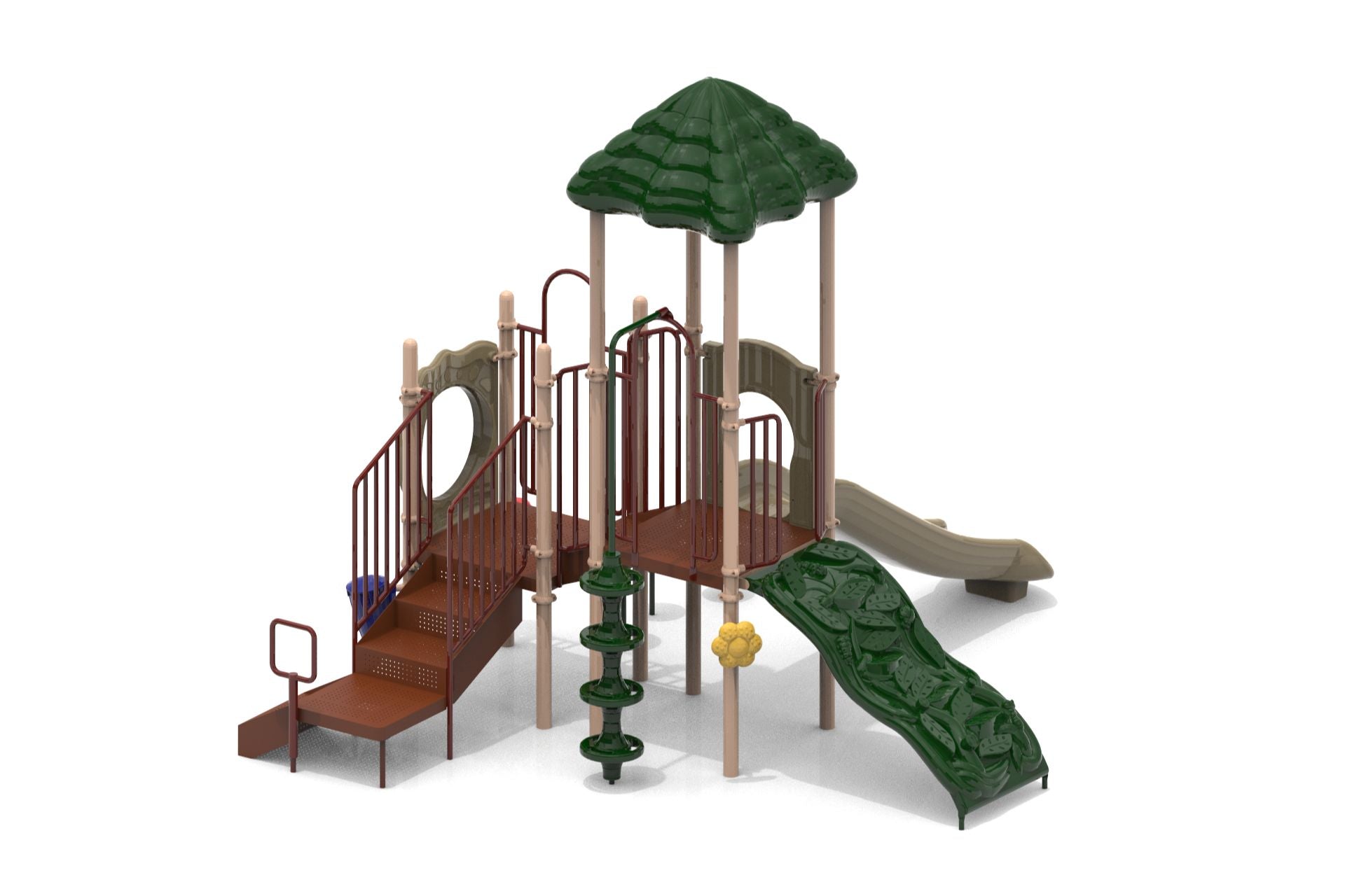 Playground structure with green leaf-patterned climber, beige slide, brown stairs, and green shaded roof