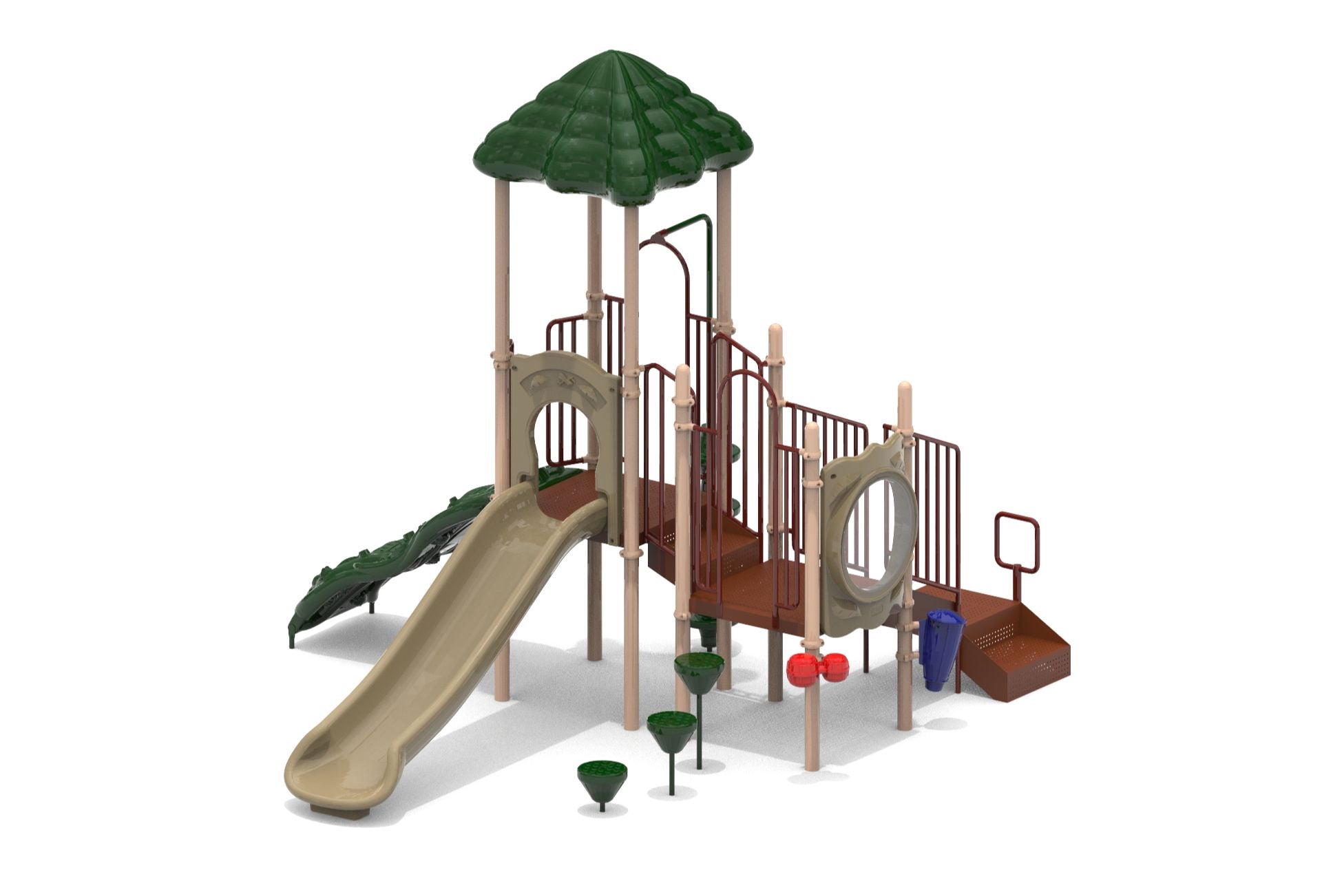 Playground structure with green leaf-shaped roof, beige slide, vine climber, pod steppers, and red railings.