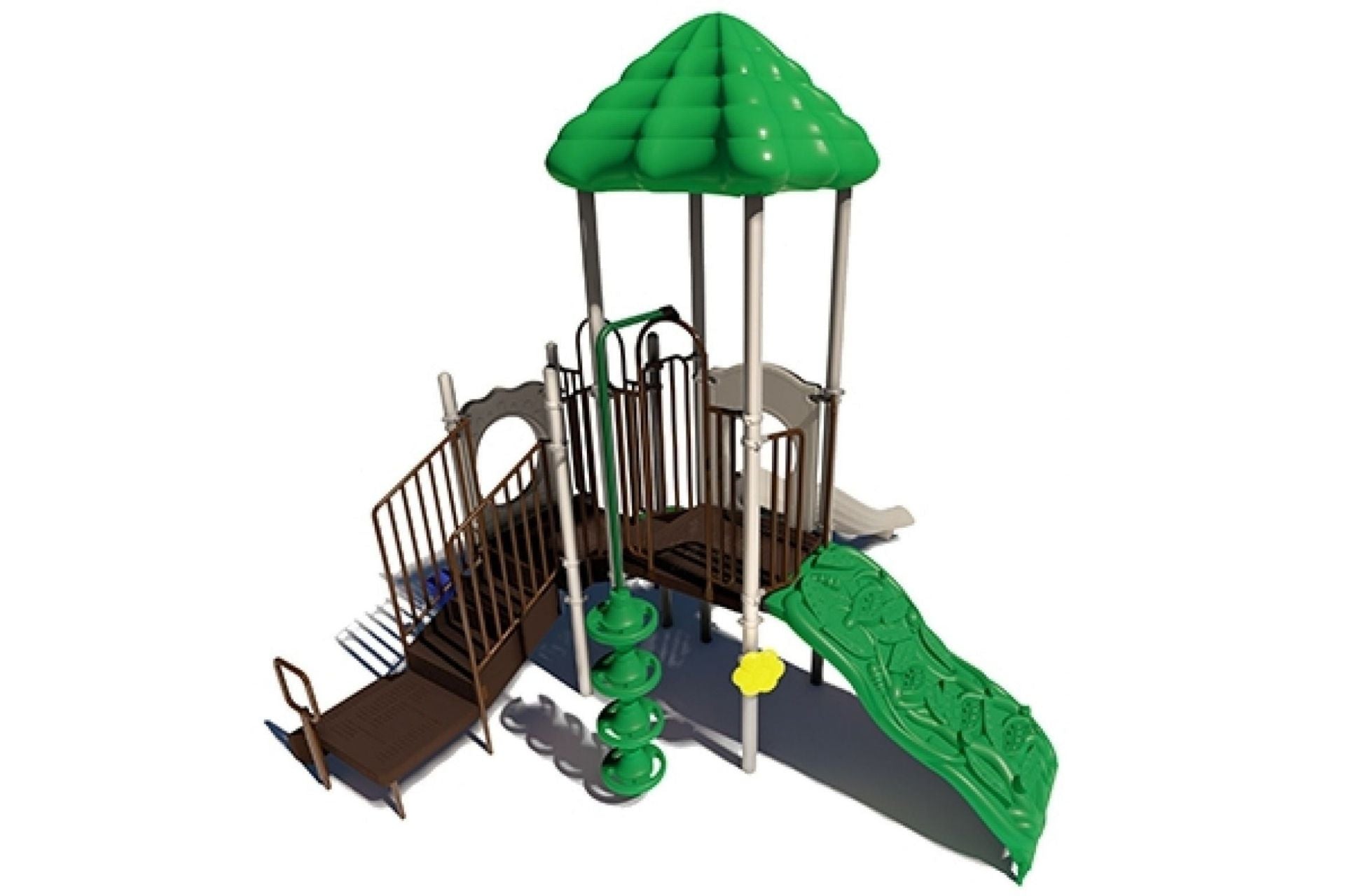 Playground structure with green leaf-shaped roof, green slide, spiral climber, and brown platforms designed for active climbing and play