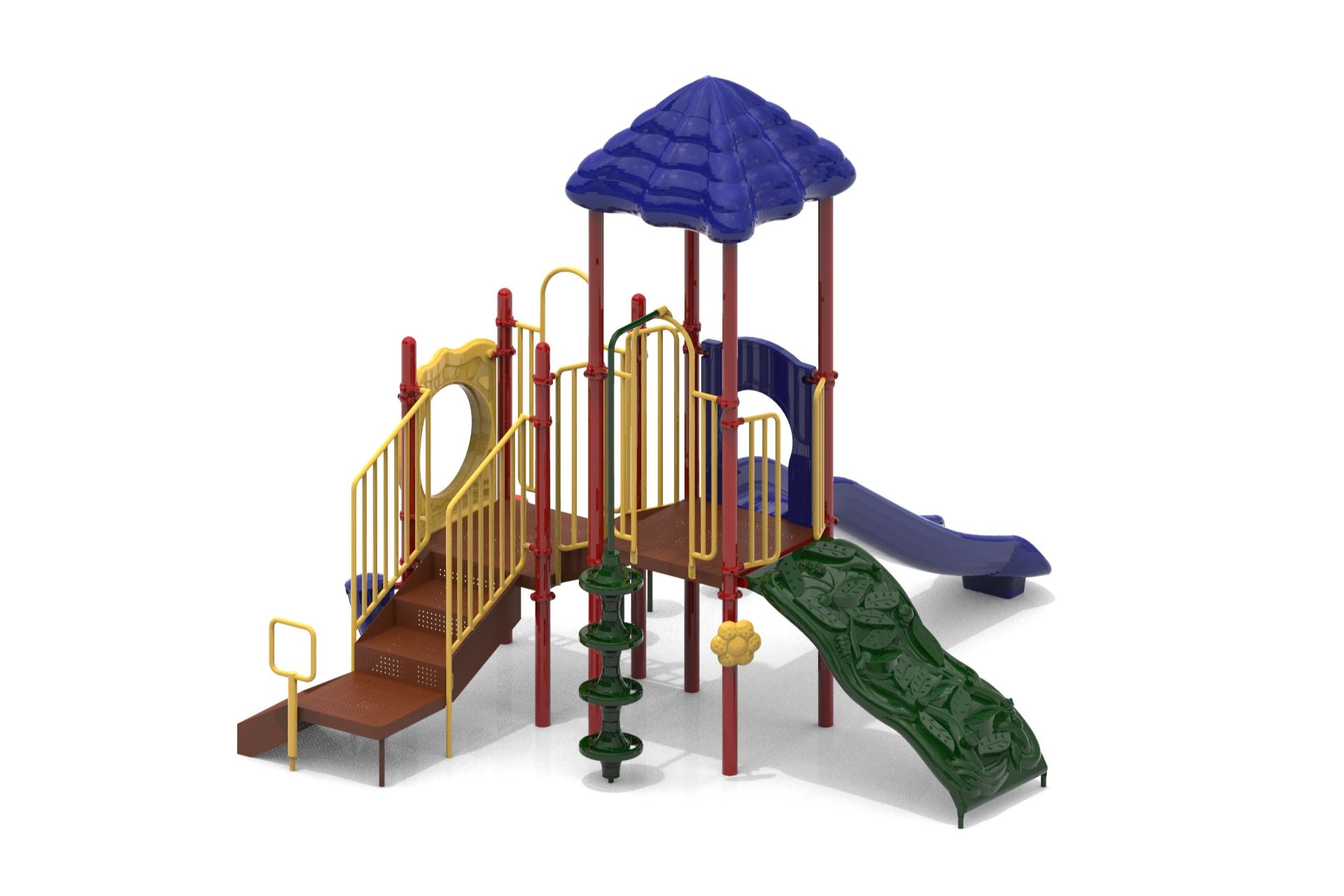 Colorful playground structure with blue roof, green climbing wall, slide, stairs, yellow railings, and vine climber.
