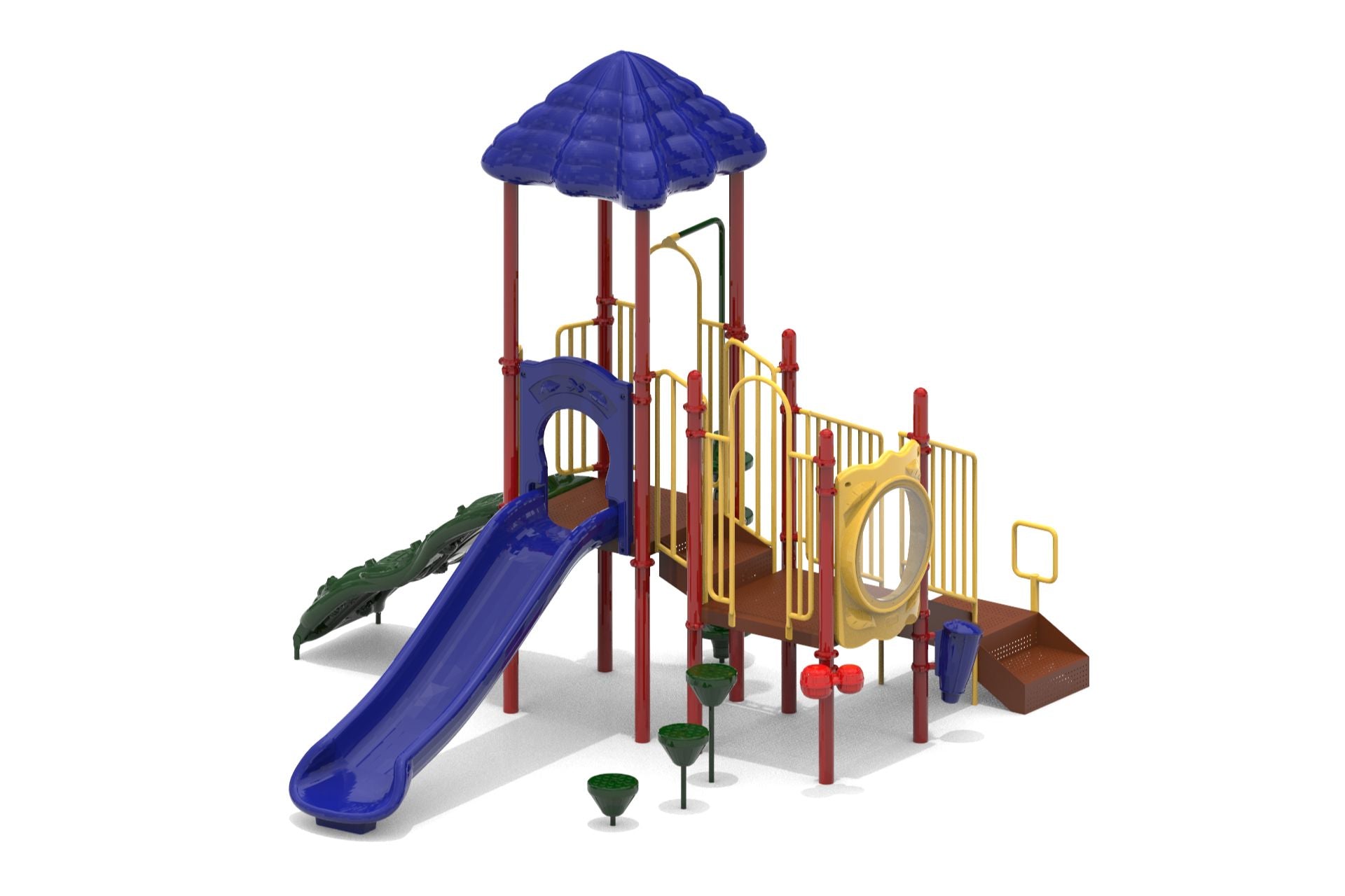 Treasure Hollow Play System with blue slide, shade canopy, vine and beanstalk climbers, pod steppers, and bubble window