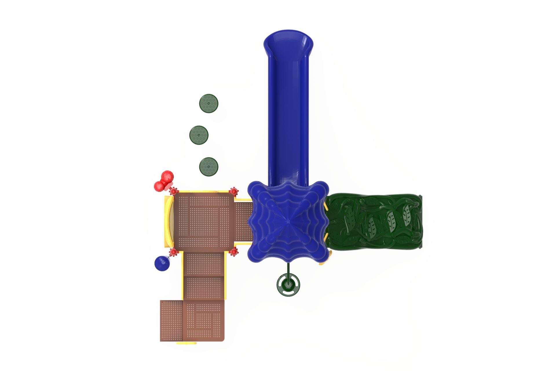 Overhead view of colorful playground with blue slide, green climbing wall, pod steppers, and shaded platform