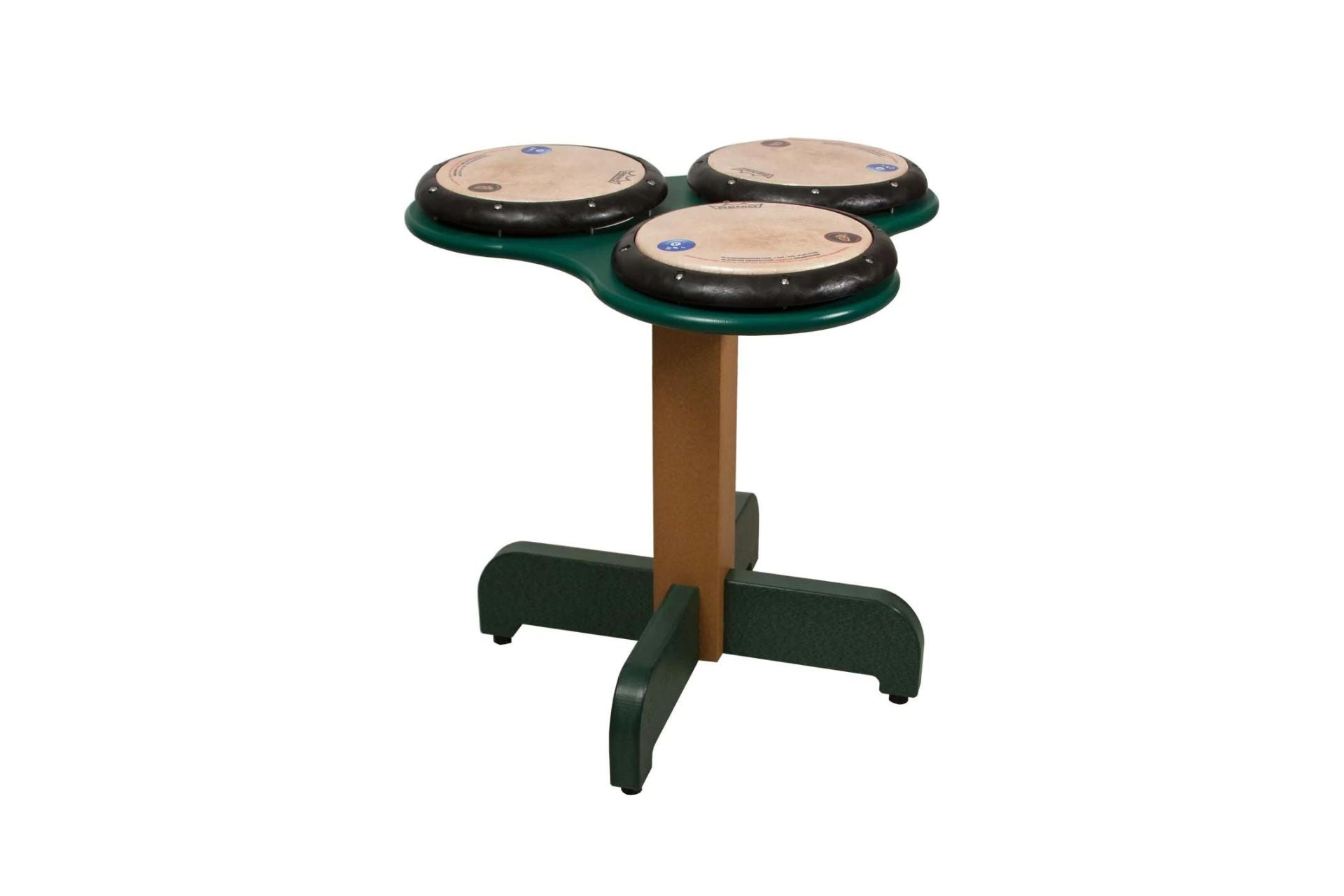 TriPPPle Play Drum Table with three professional REMO drum pads on green and brown stand for interactive outdoor music play
