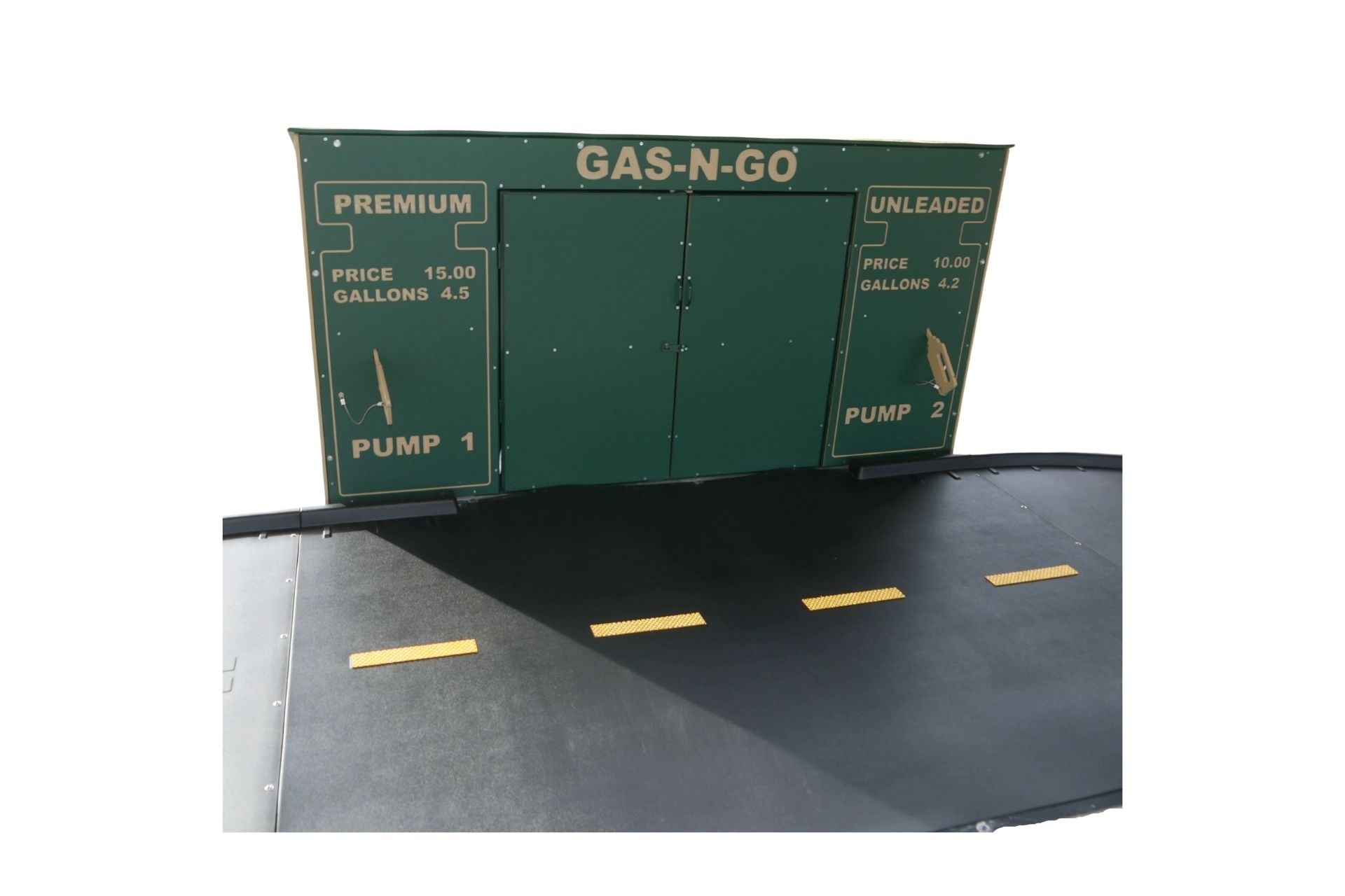 Trike Storage Gas N Go Commercial Play Event with green gas station-themed play structure, pump handles, and road markings for trike paths