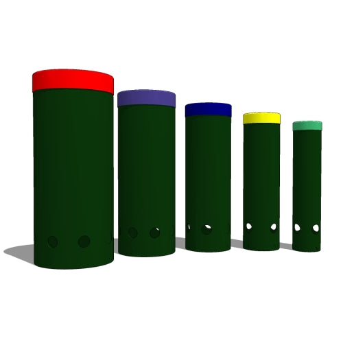 Five toddler-height tuned drums with colorful red, purple, blue, yellow, and green tops for early childhood musical play.