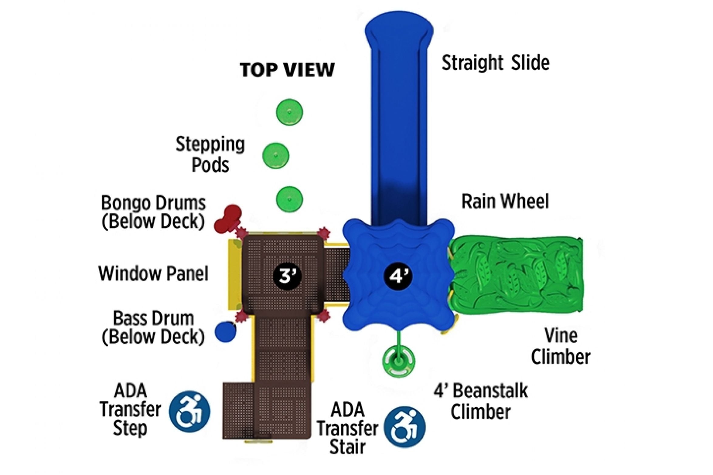 Overhead view of colorful playground with blue slide, green vine and beanstalk climbers, stepping pods, and musical drums below deck