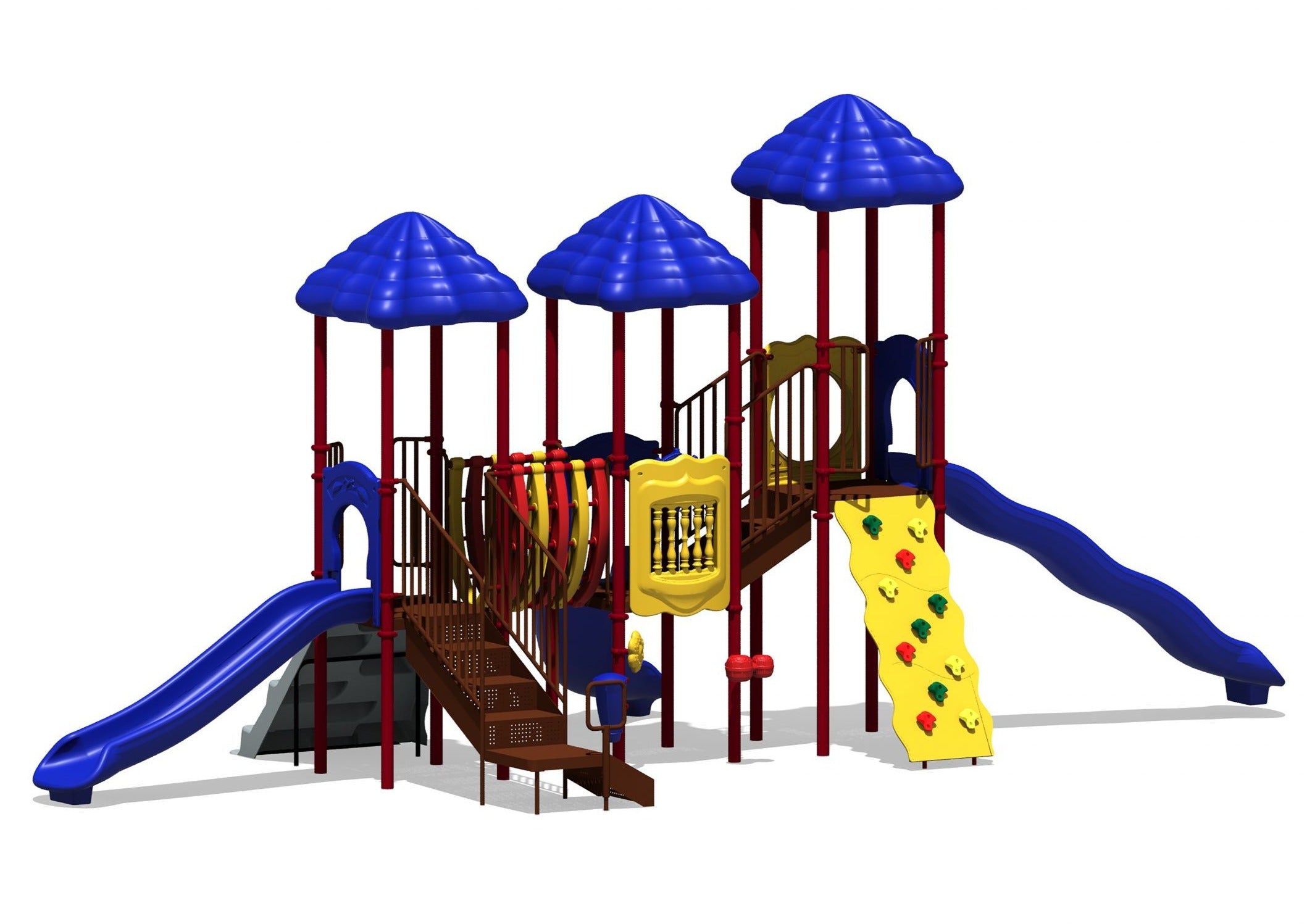 Outdoor playground with four blue shade roofs, dual wave slides, yellow climbing wall, tunnel bridge, musical play panels.