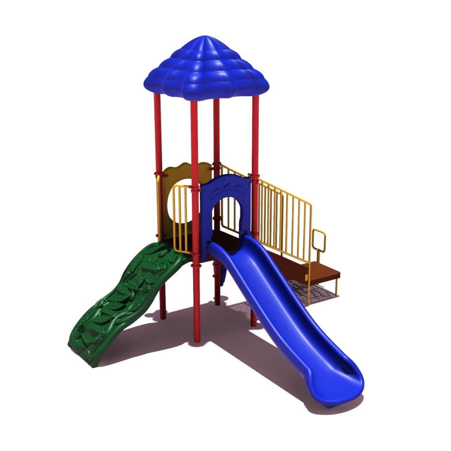 Compact playground structure with blue slide, green climbing wall, yellow railings, red posts, and blue shaded roof