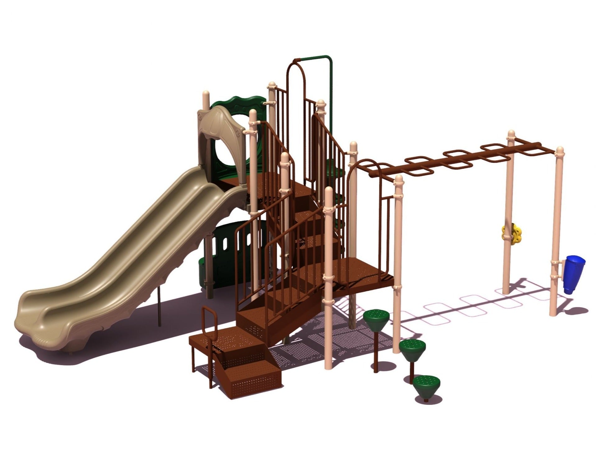 Playground structure with double slide, monkey bars, climbing steps, crawl tube, and sensory play elements in brown and green