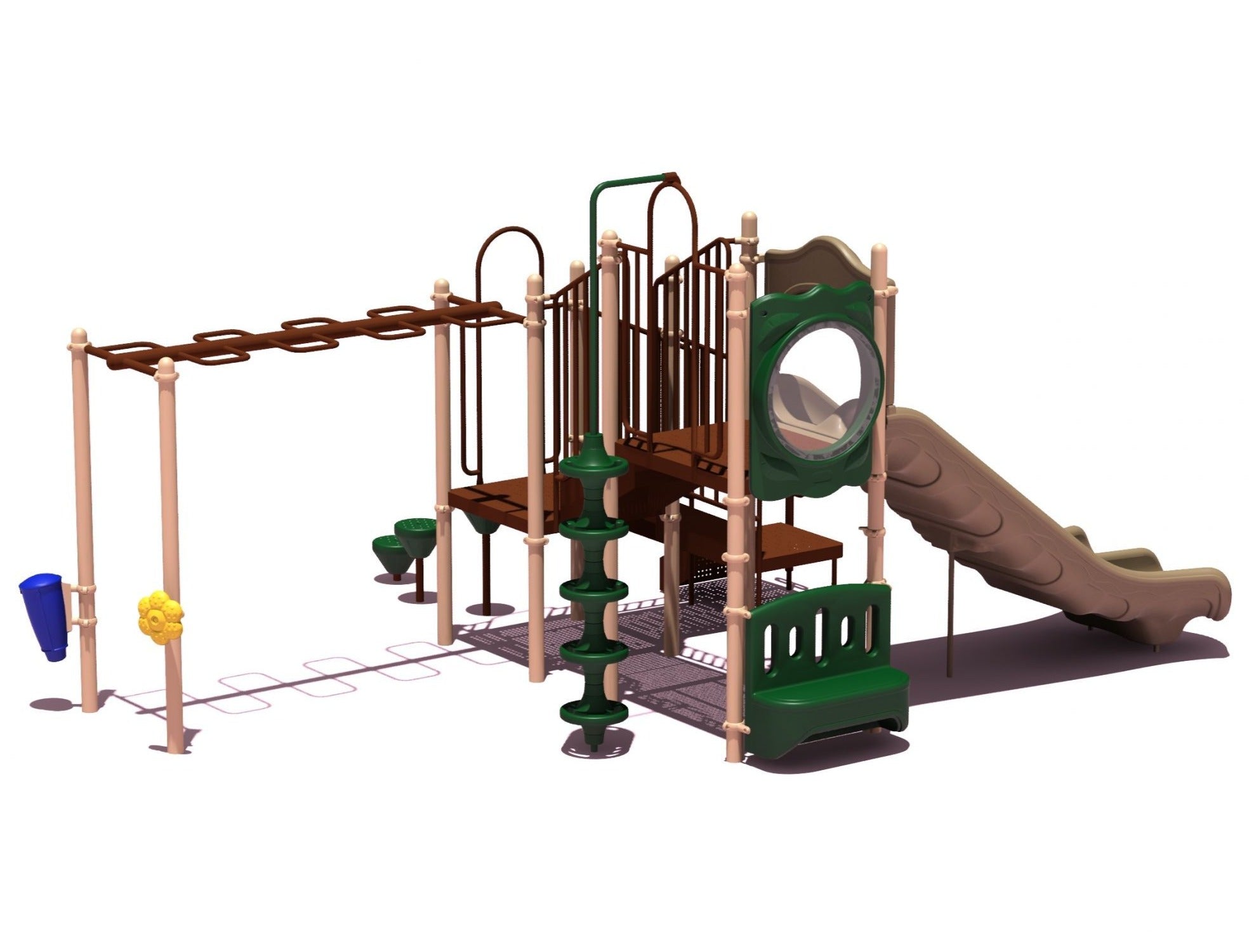 Playground structure with double slide, monkey bars, pod climbers, crawl tunnel, and sensory panels in green and brown.