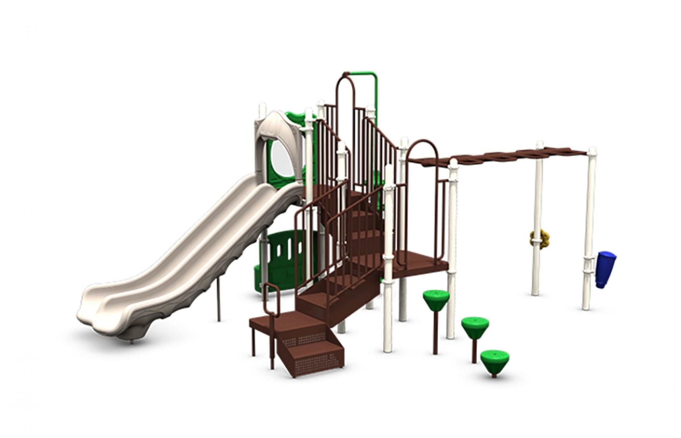 Playground structure with double slide, stairs, monkey bars, pod climbers, crawl tube, and sensory play elements in brown, green, and white.