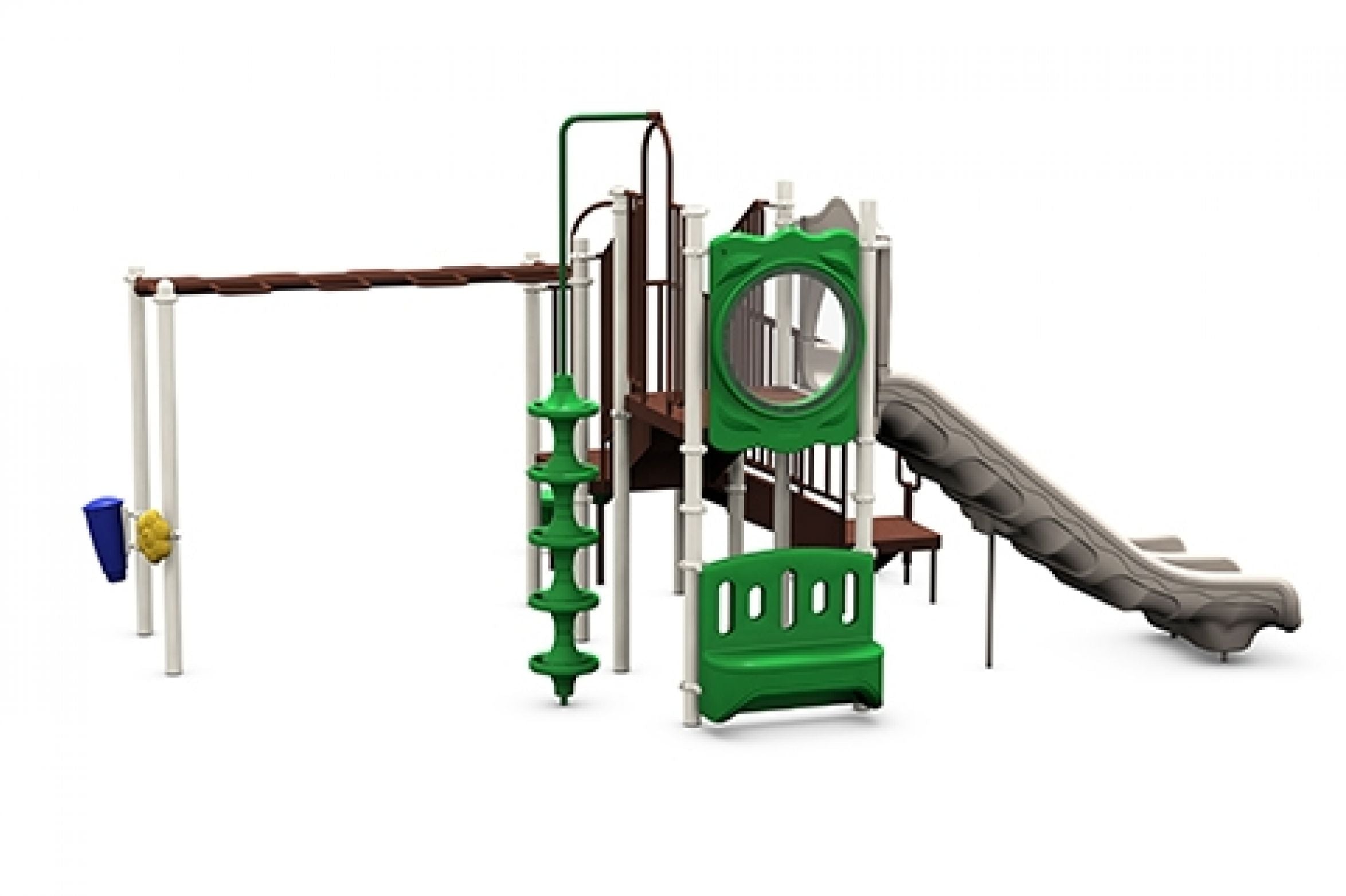 Playground structure with double slide, monkey bars, pod climbers, crawl tube, and sensory panels in green and brown tones.