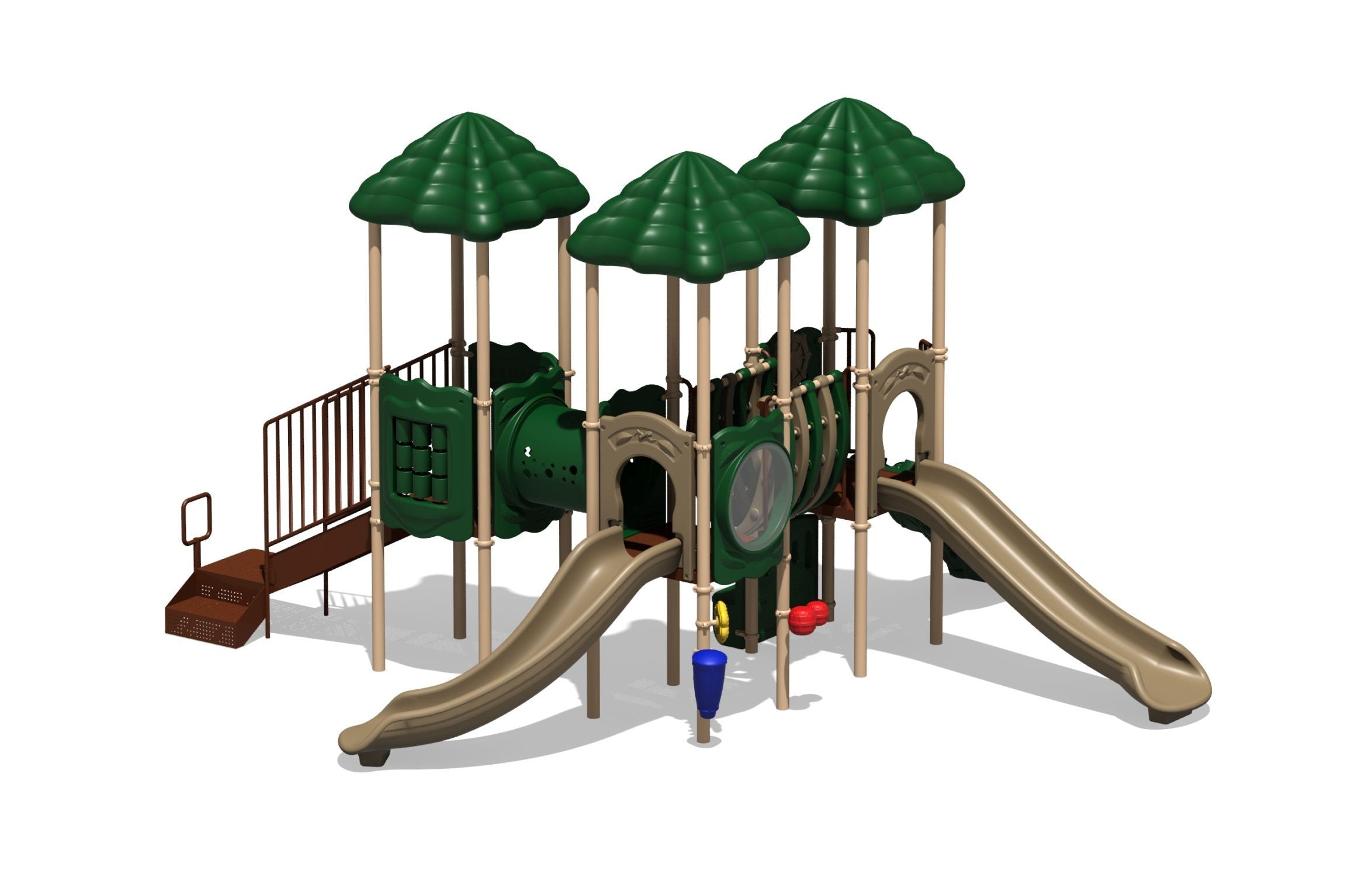 Multi-level playground with three green roofs, slides, tunnel, interactive panels, and a bone bridge connecting play areas.