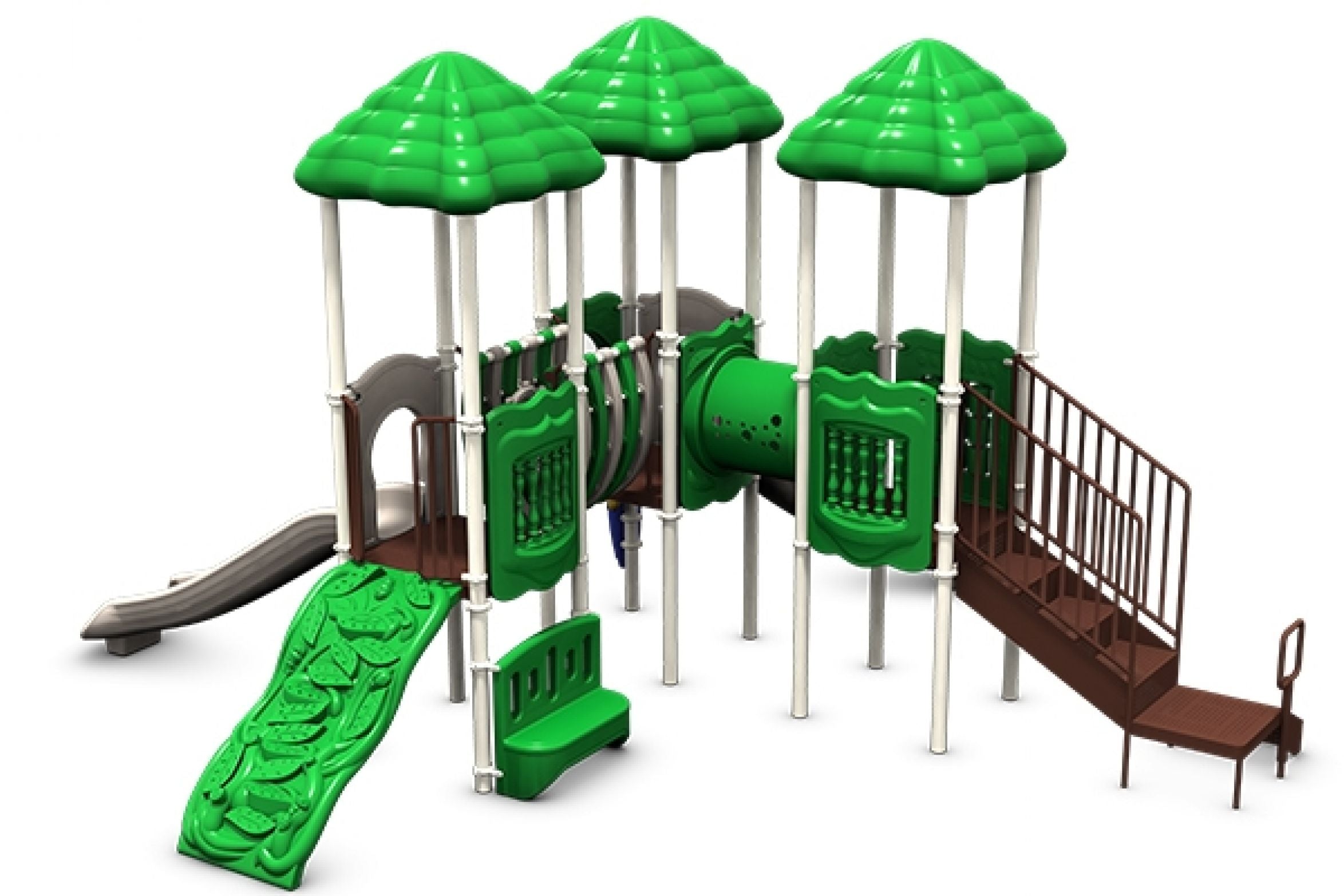 Multi-level playground with three green roofs, climbing wall, tube tunnel, slide, and ramp with railings