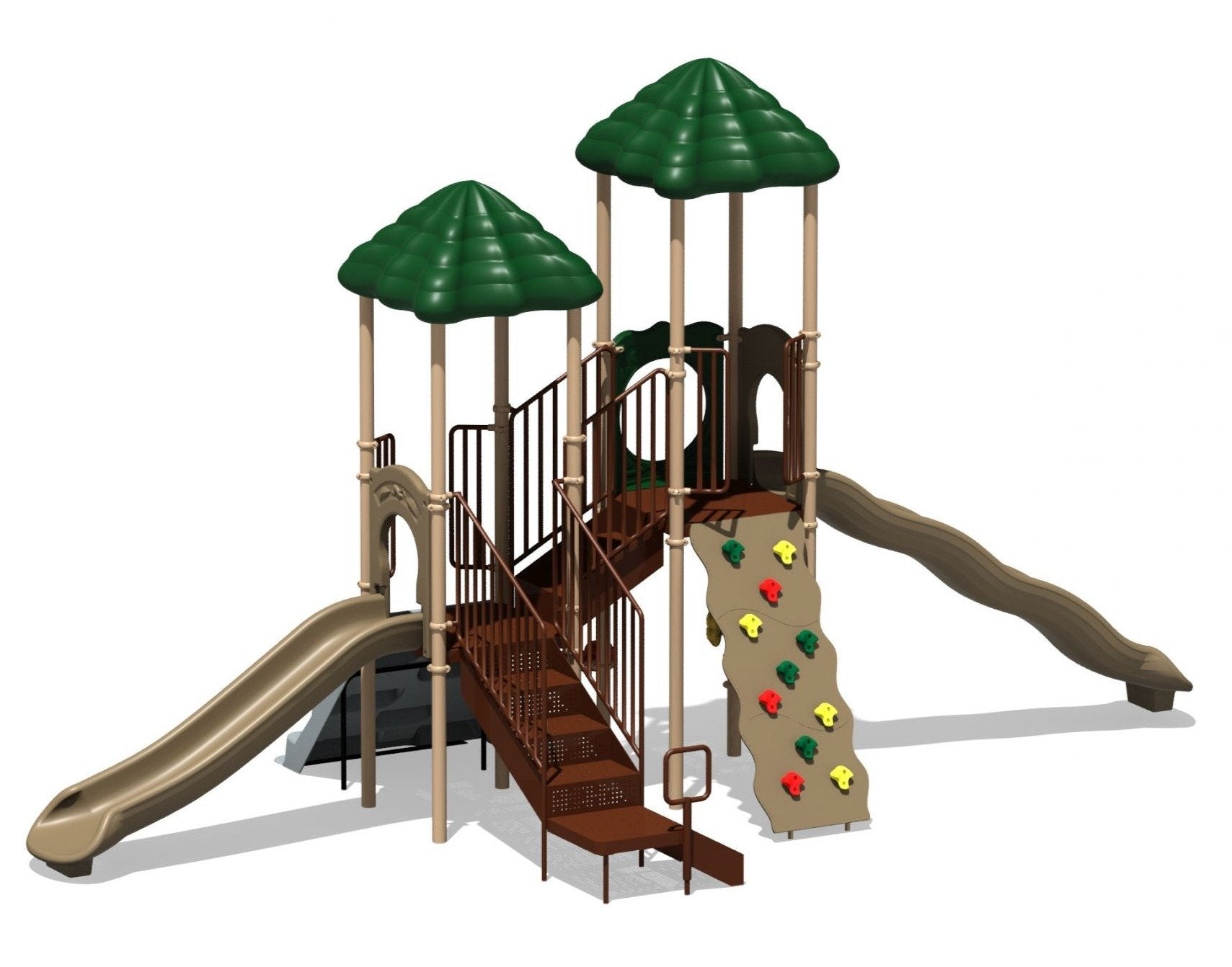 Compact playground with two green roofs, climbing wall with colorful grips, straight and wave slides, and stairs