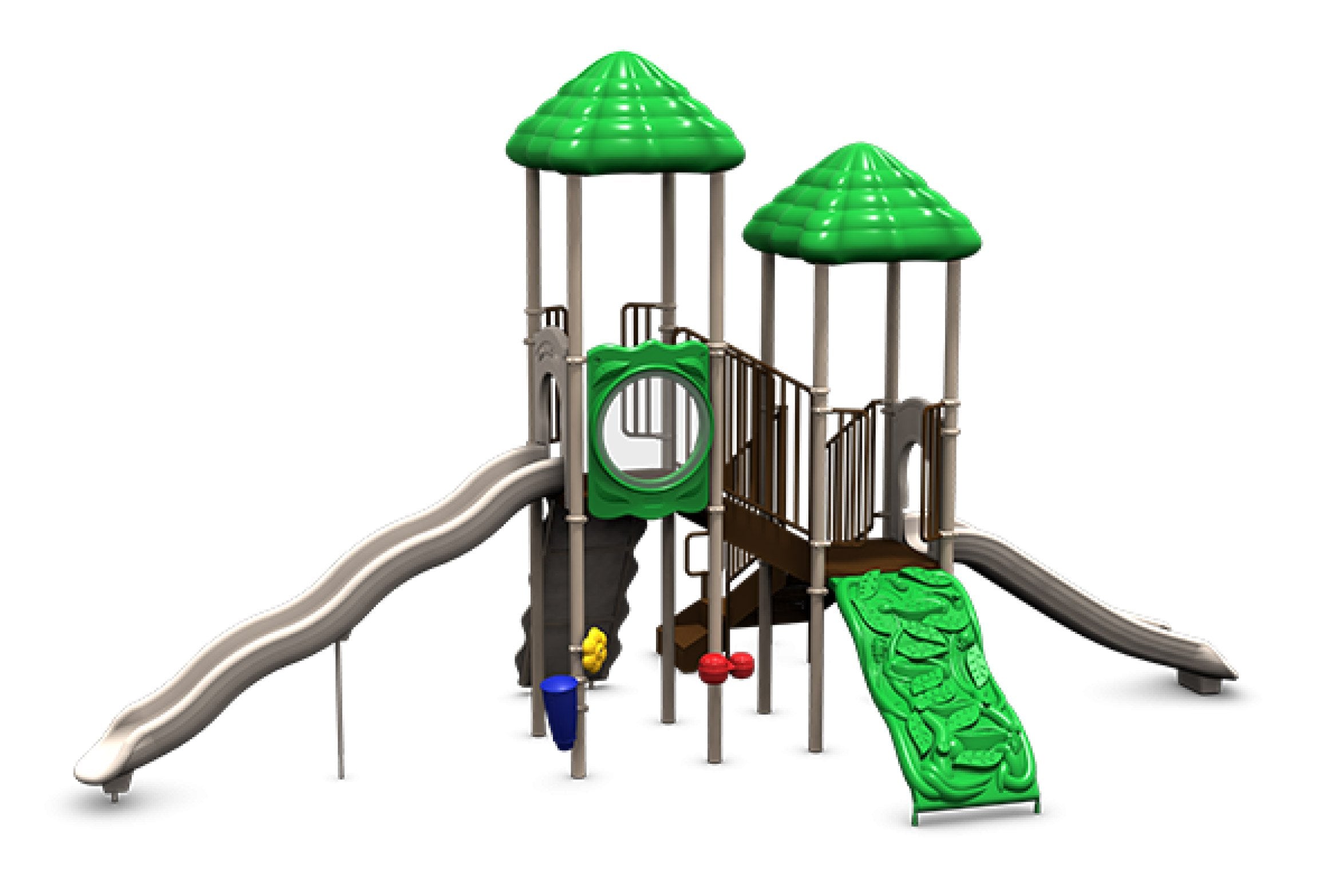 Bighorn Play System playground with two green roofs, wave and straight slides, climbing wall, and interactive play panels in a compact layout