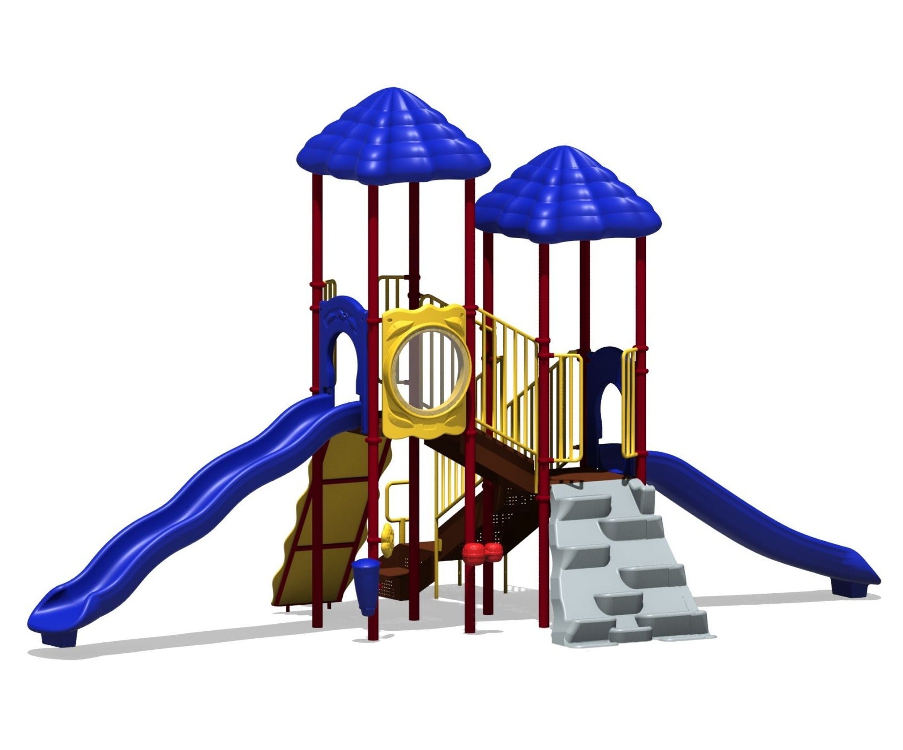 Compact playground structure with two blue slides, climbing wall, yellow railings, and blue roofs providing shaded play areas.