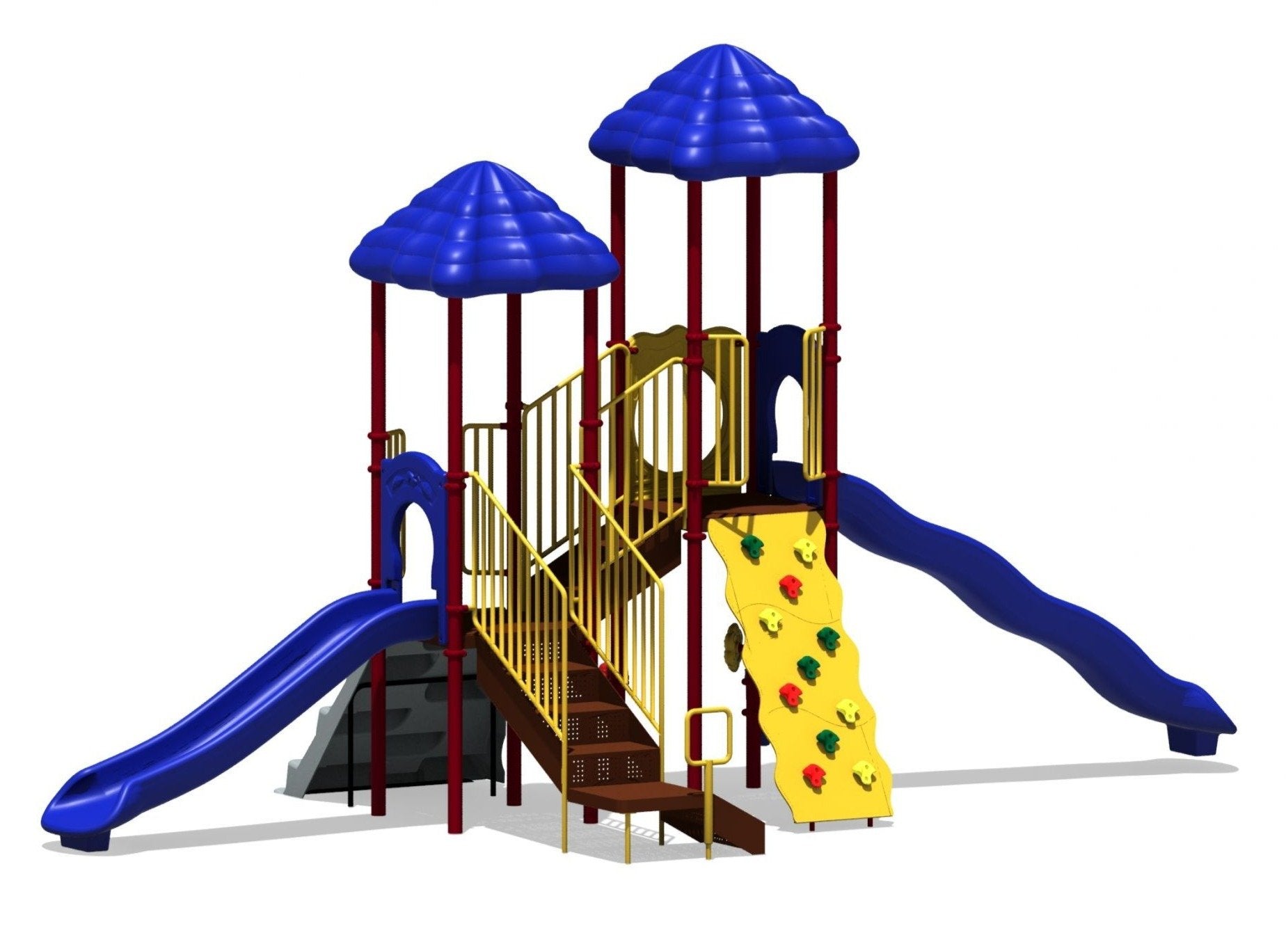 Compact playground structure with two blue roofs, dual slides, climbing wall, stairs, and yellow safety rails.