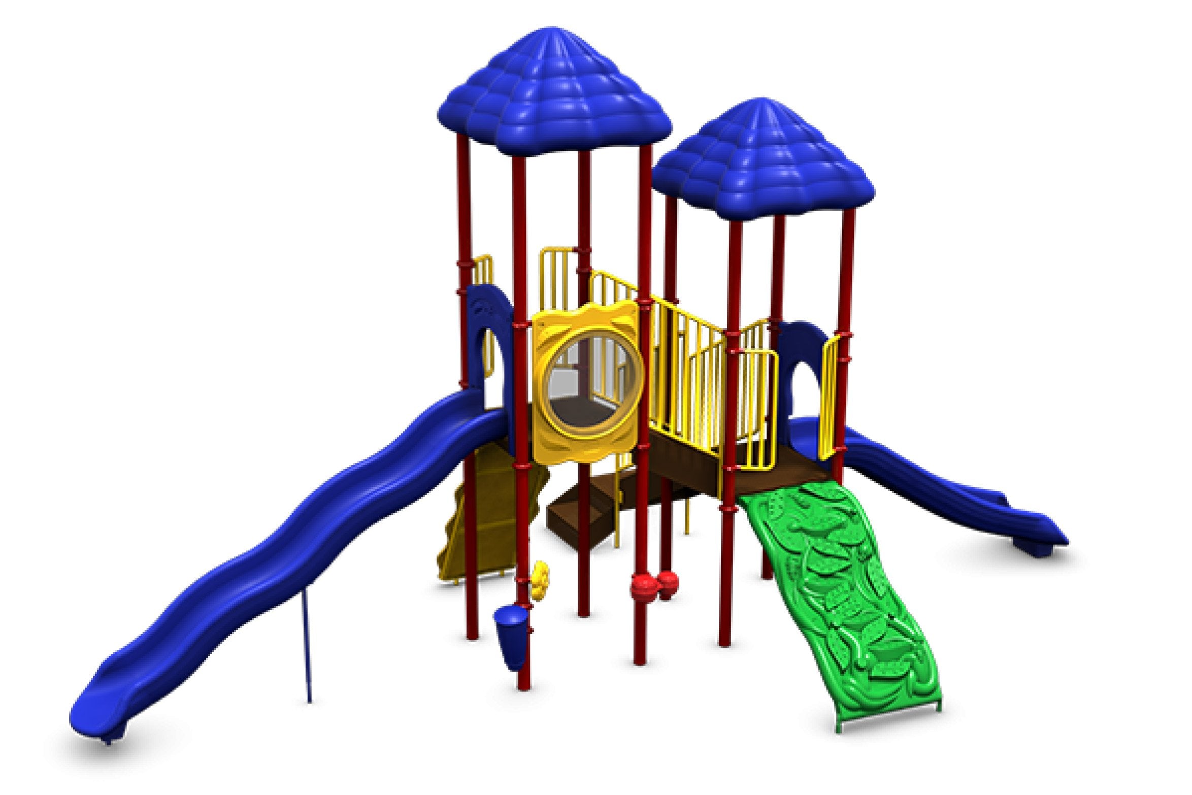 Compact playground structure with two blue roofs, straight and wave blue slides, green climbing wall, and yellow railings.