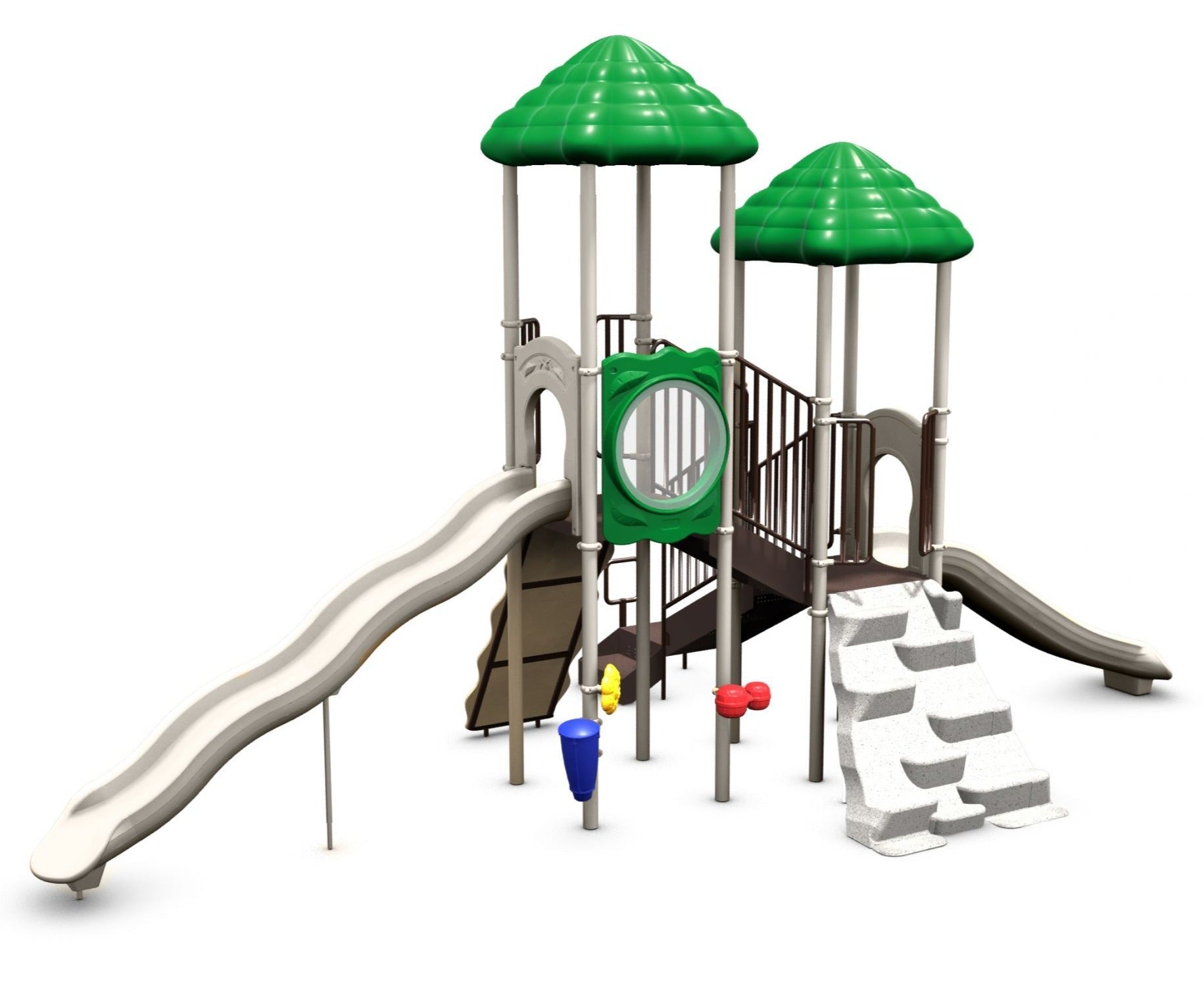 Compact playground structure with two green roofs, wave and straight slides, climbing wall, and interactive play panels.