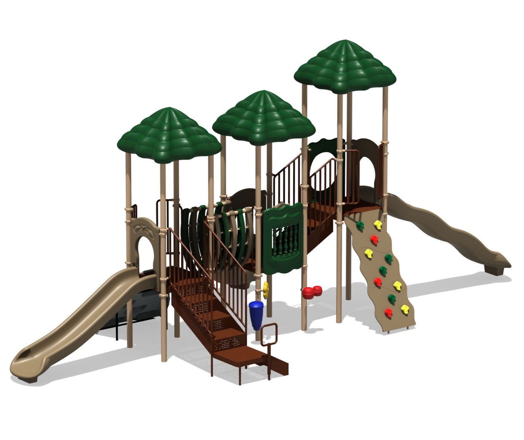 Commercial playground in natural tones with three shade canopies, dual slides, rock climbing wall, and musical play panels