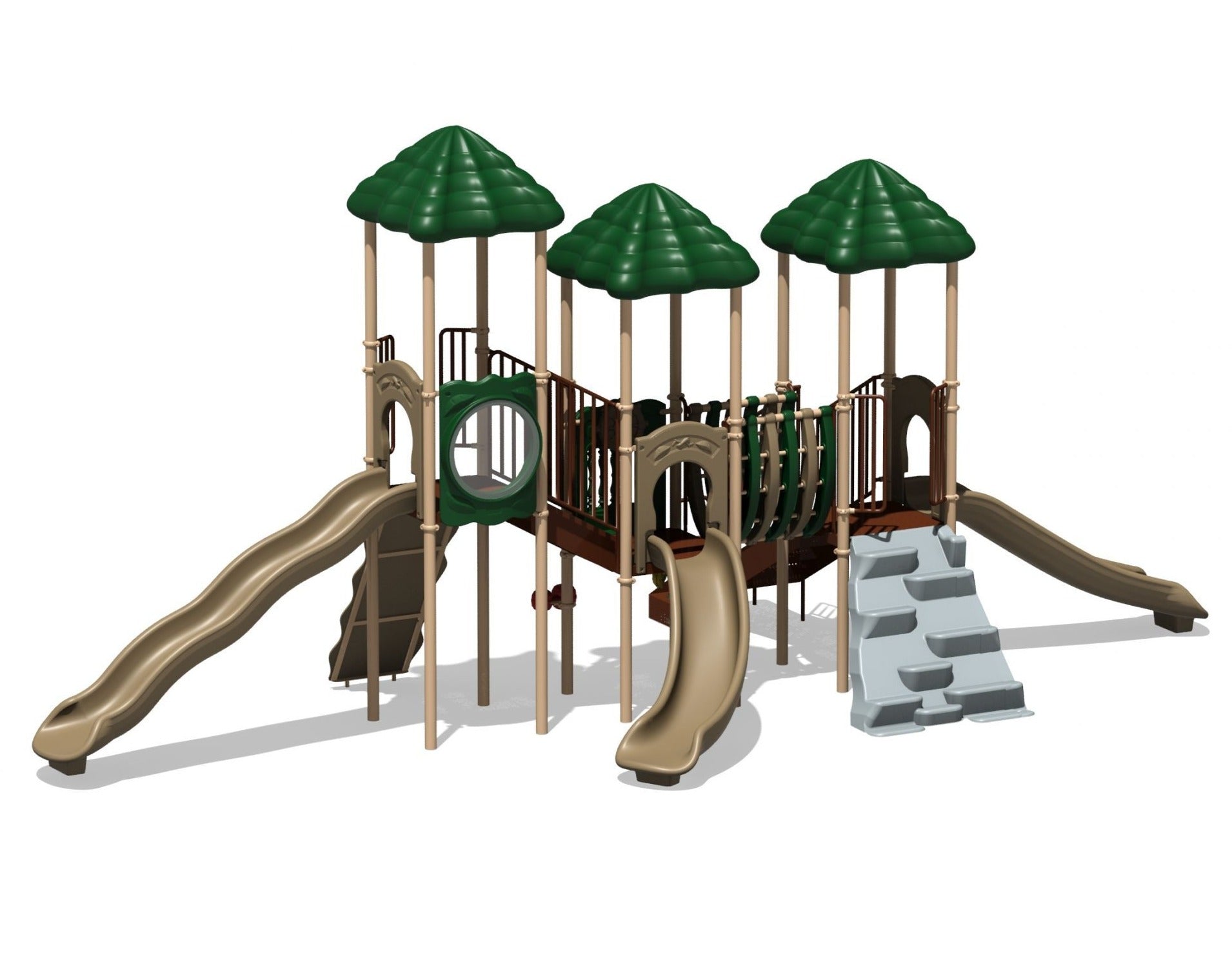 Rainbow Lake Play System with three green roofs, multiple slides, climbing wall, tunnel bridge, and activity panels in natural tones