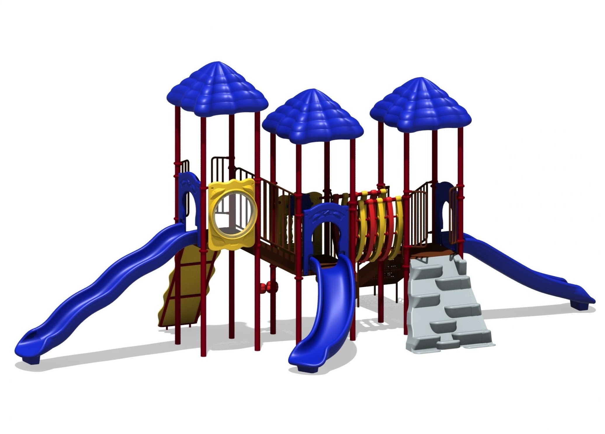 Commercial playground equipment with three shade roofs, slides, climbers, clatter bridge, rock wall; blue and yellow.