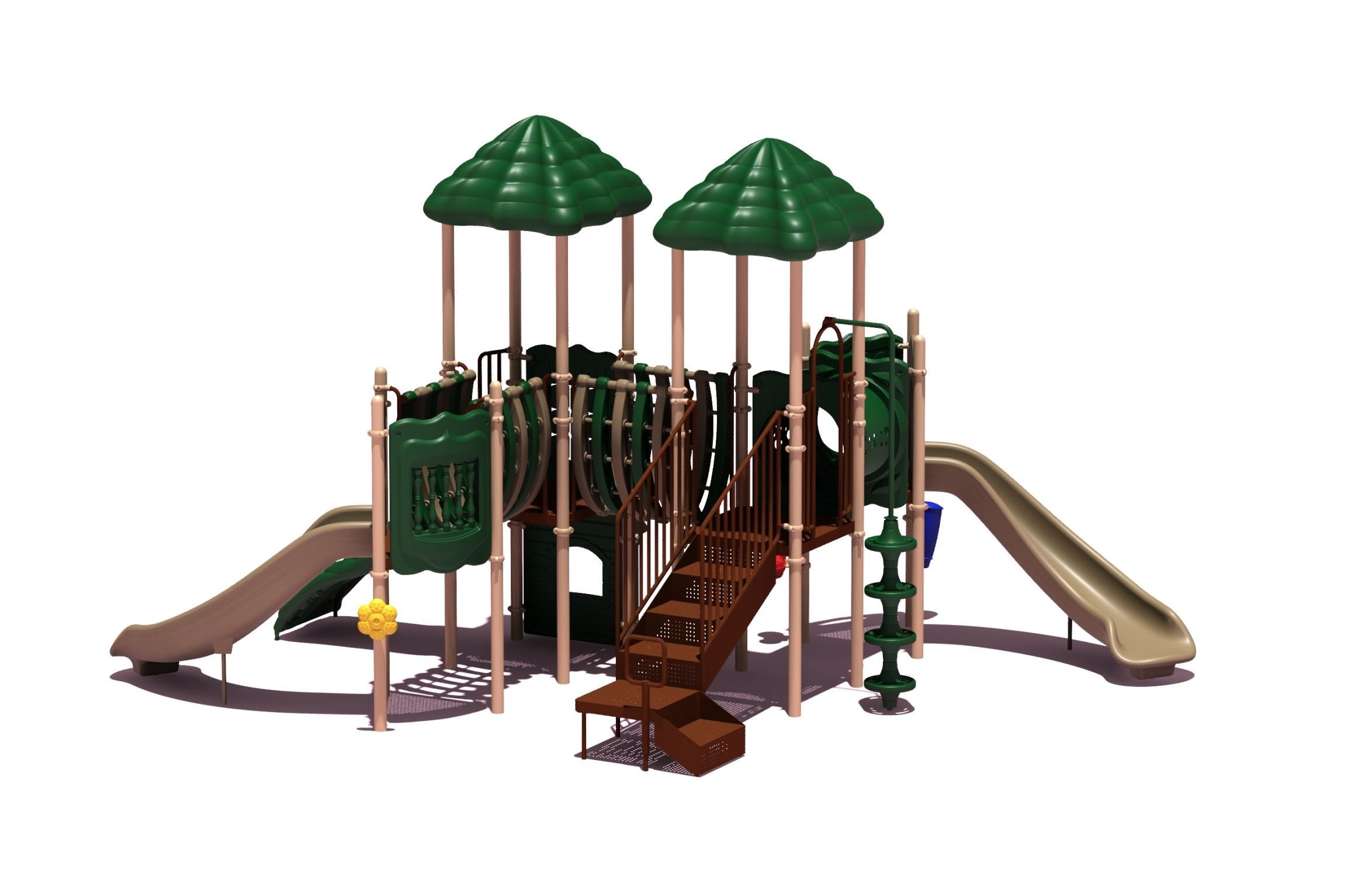 Playground structure with two green peaked roofs, dual beige twisting slides, climbing elements, and connecting bridges.