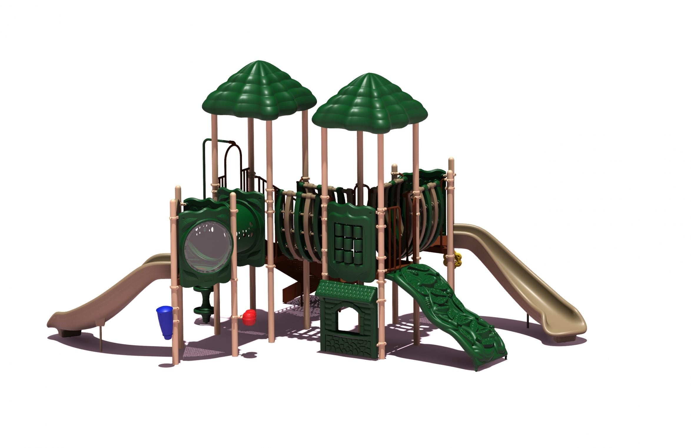Playground structure with two green peaked roofs, dual beige twisting slides, climbing wall, tunnel, and activity panels.
