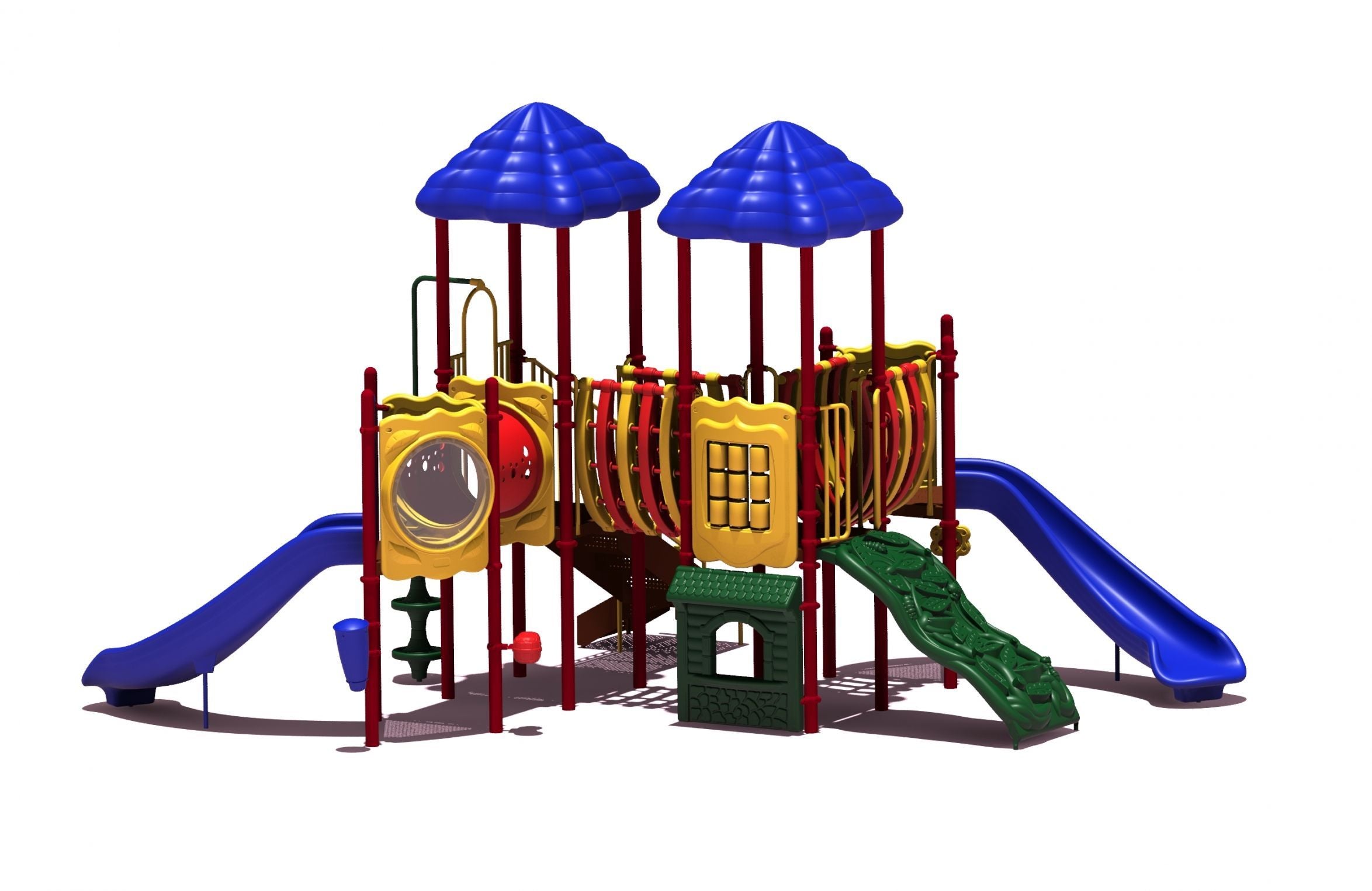 Colorful playground structure with two blue peaked roofs, dual blue slides, yellow panels, and green climbing elements.
