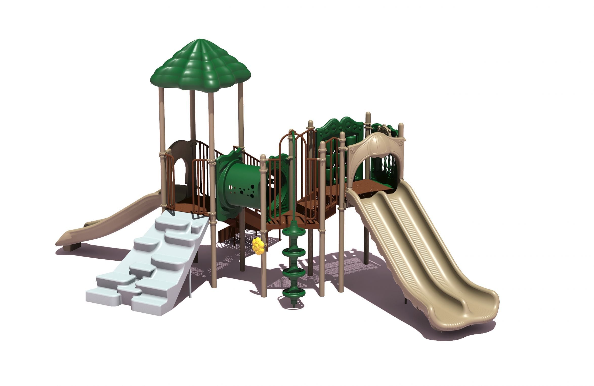 Playground structure with green leaf-shaped roof, double beige slides, climbing wall, tunnel, and spiral climber