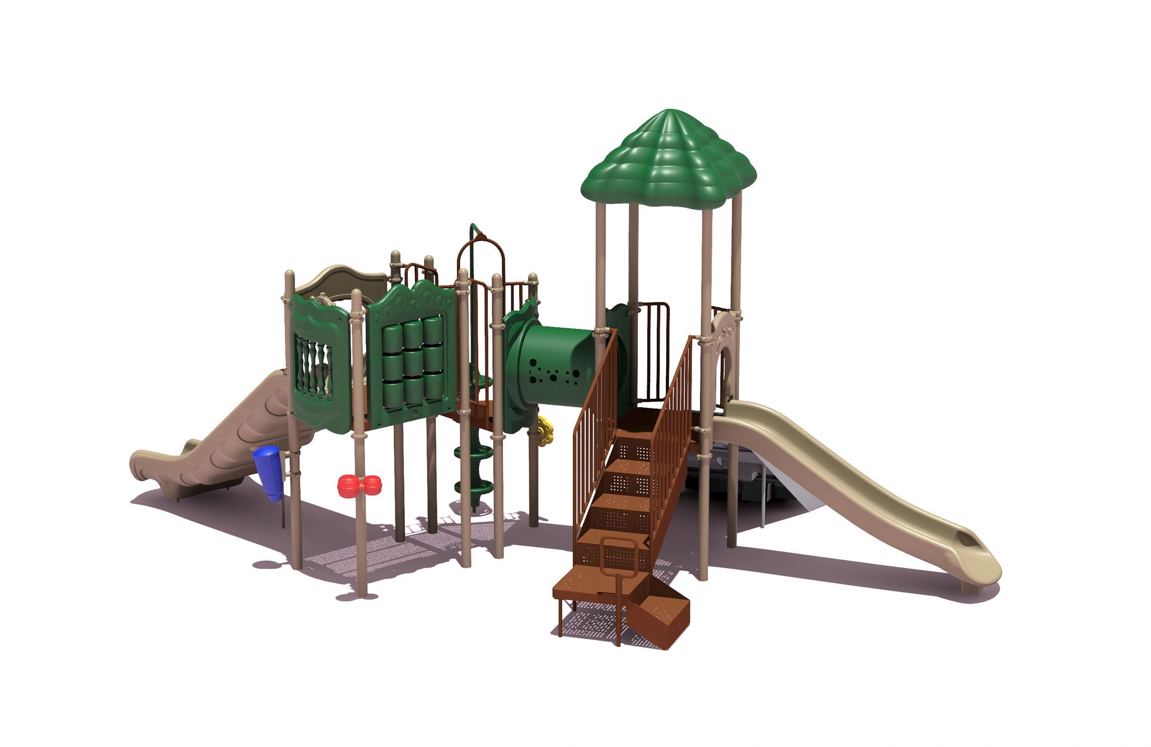 Playground structure with green roof, double beige slides, mountain and beanstalk climbing features, and interactive panels in brown and green tones