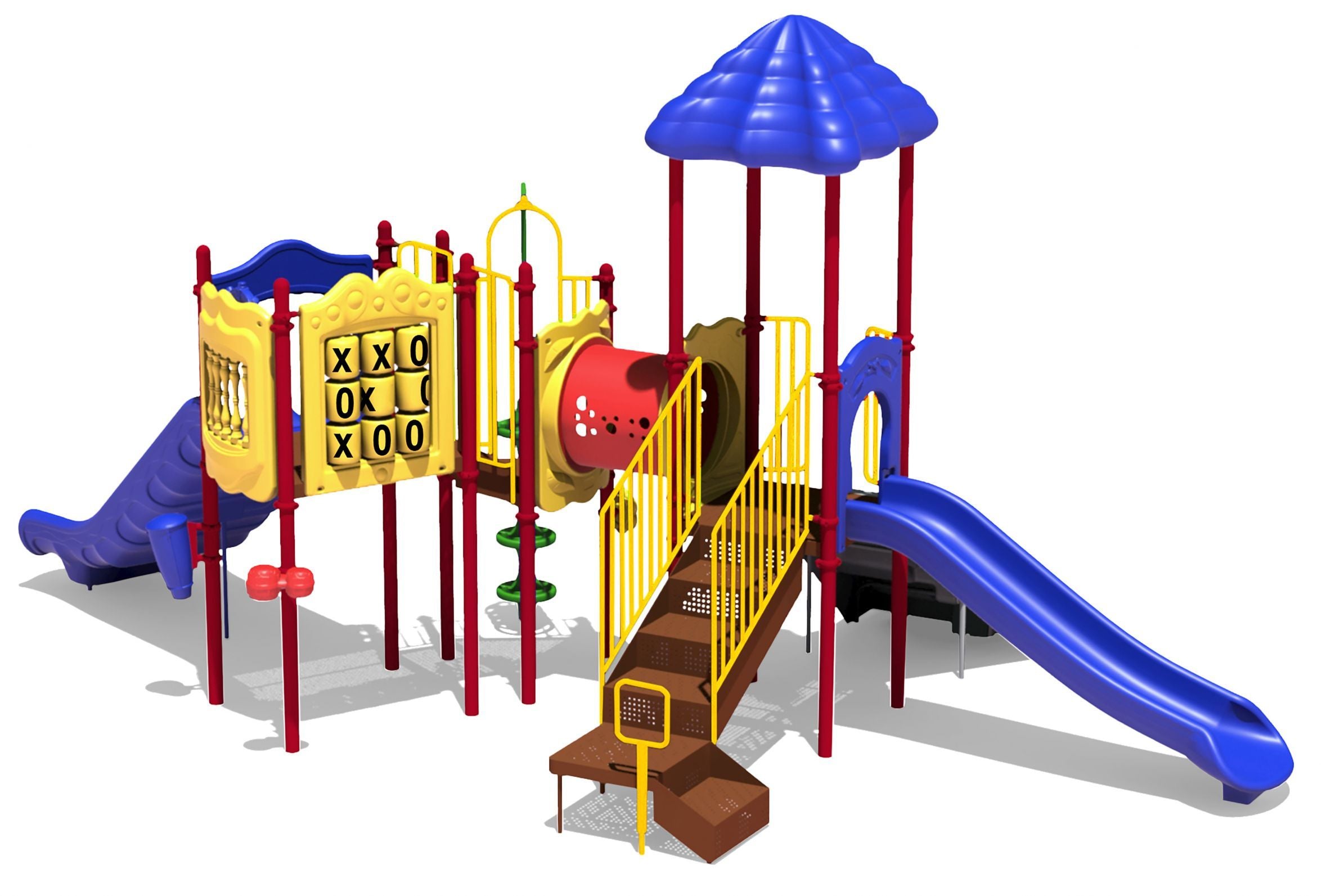 Colorful playground structure with blue roof, double blue slides, tic-tac-toe panel, climbing features, and yellow railings